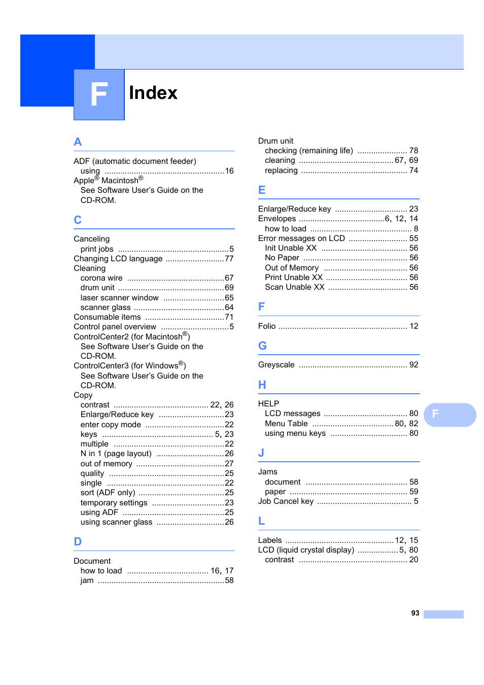Index | Brother DCP-7040 User Manual | Page 99 / 103