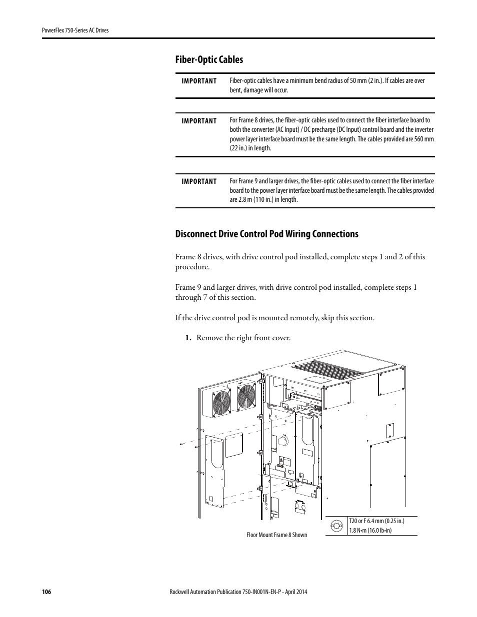 Fiber-optic cables, Disconnect drive control pod wiring connections | Rockwell Automation 21G PowerFlex 750-Series AC Drives User Manual | Page 106 / 284