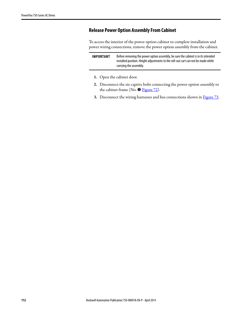 Release power option assembly from cabinet | Rockwell Automation 21G PowerFlex 750-Series AC Drives User Manual | Page 112 / 284