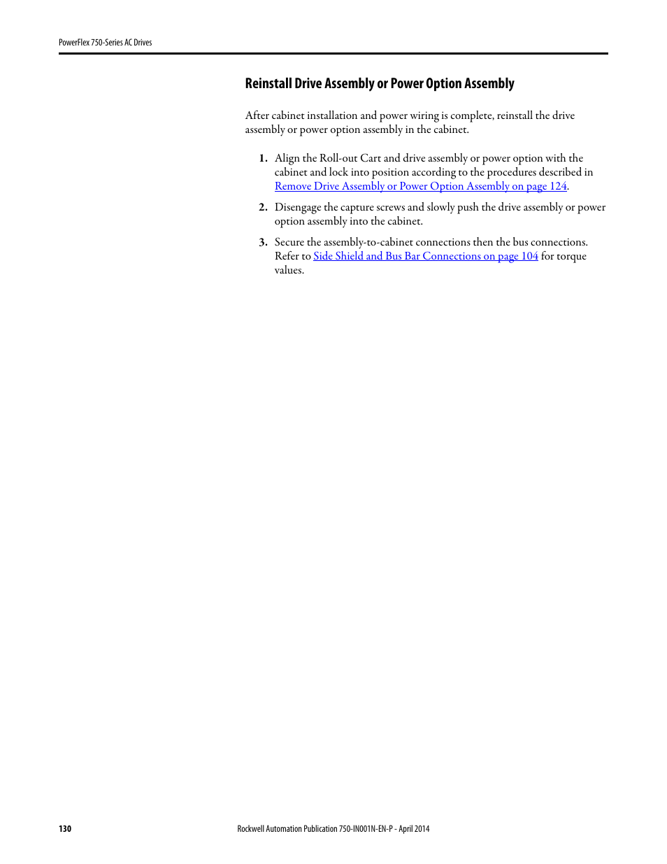 Reinstall drive assembly or power option assembly | Rockwell Automation 21G PowerFlex 750-Series AC Drives User Manual | Page 130 / 284