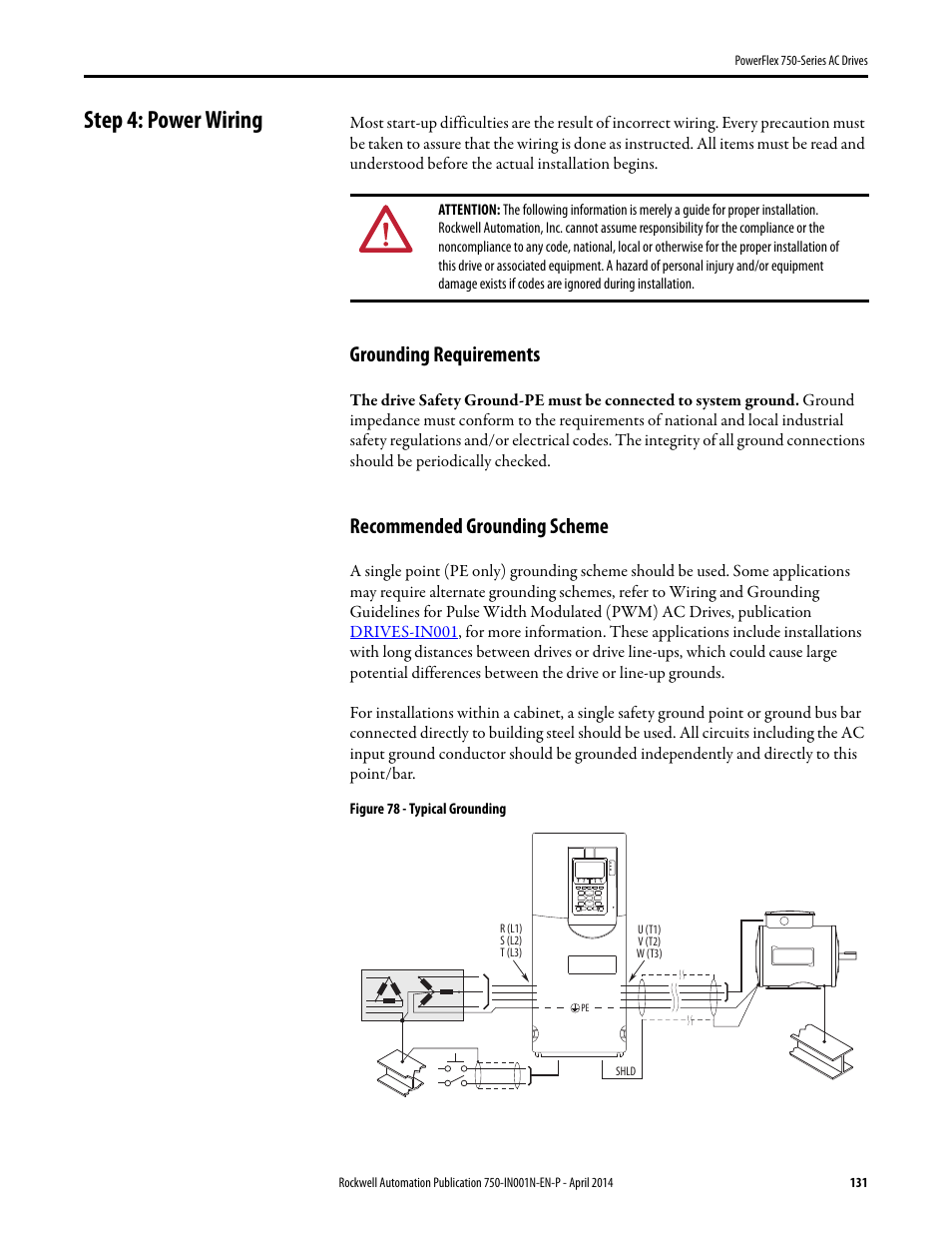 Step 4: power wiring, Grounding requirements, Recommended grounding scheme | Step 4: power | Rockwell Automation 21G PowerFlex 750-Series AC Drives User Manual | Page 131 / 284