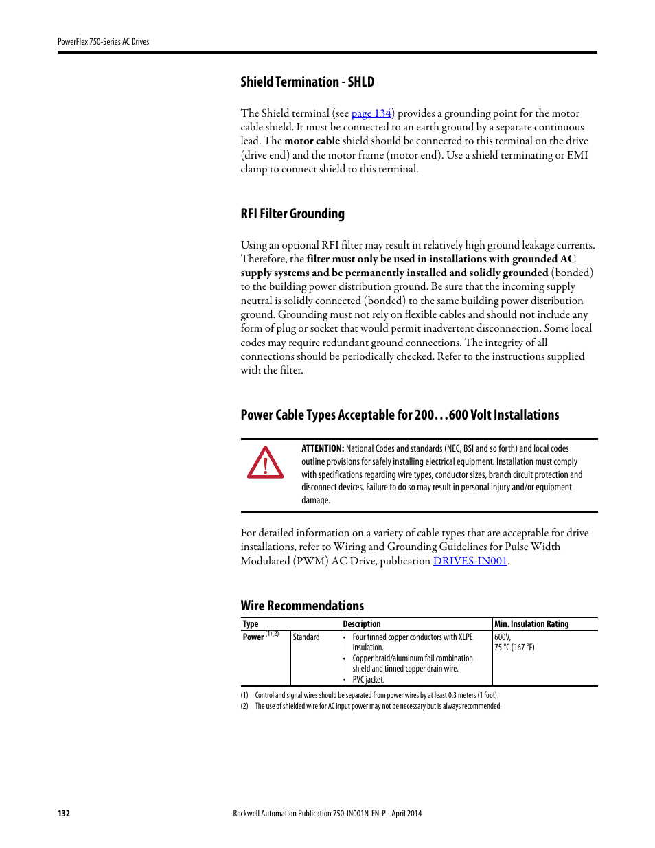 Shield termination - shld, Rfi filter grounding, Wire recommendations | Rockwell Automation 21G PowerFlex 750-Series AC Drives User Manual | Page 132 / 284