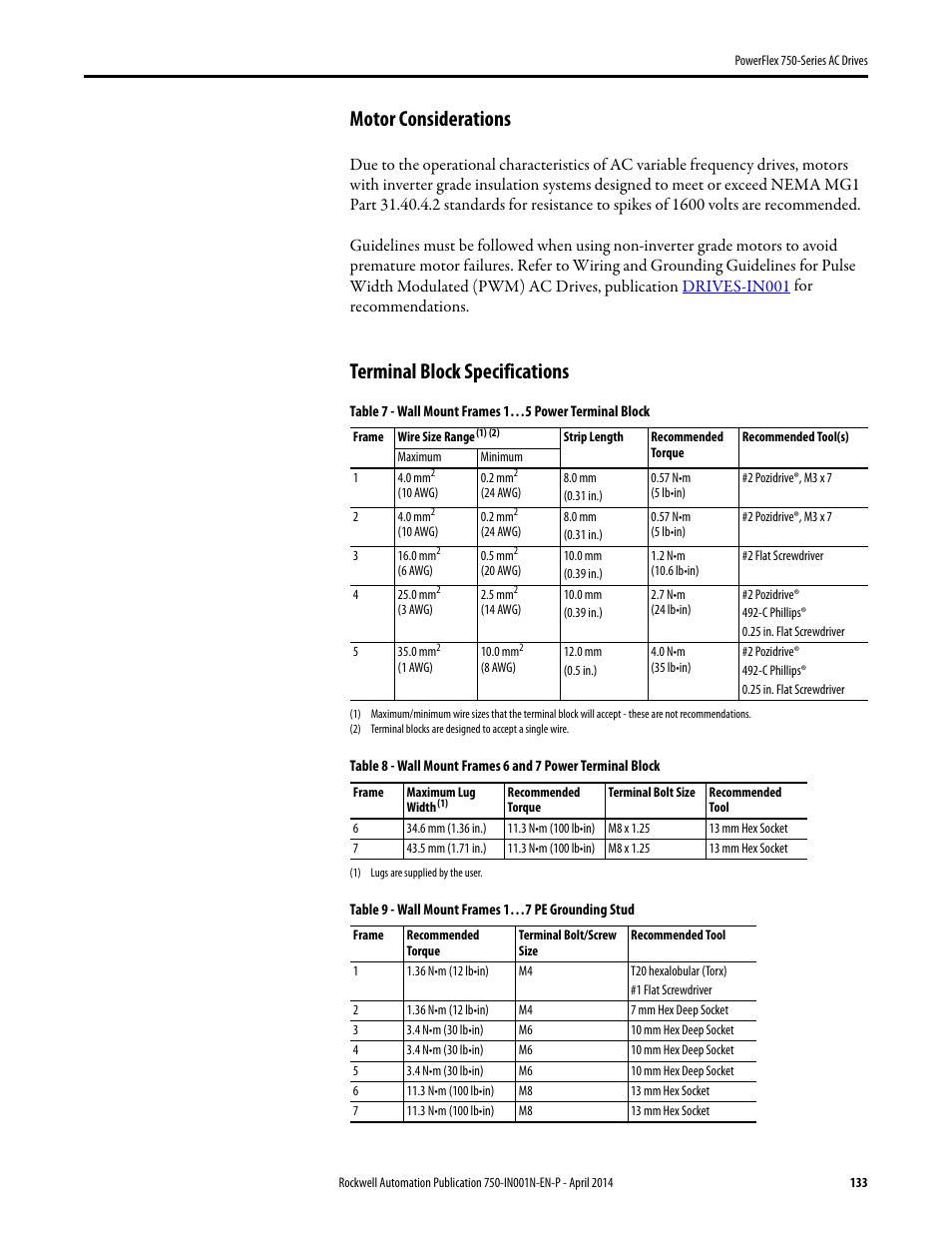 Motor considerations, Terminal block specifications | Rockwell Automation 21G PowerFlex 750-Series AC Drives User Manual | Page 133 / 284