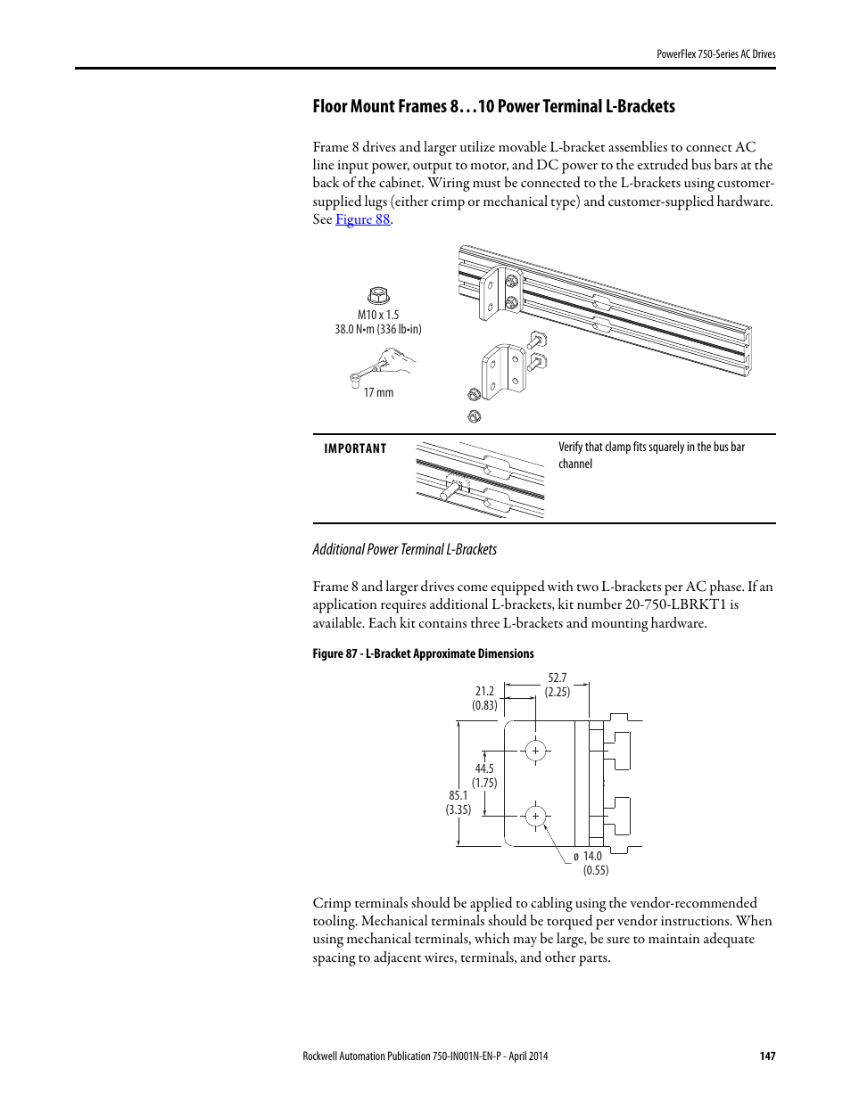 Floor mount frames 8…10 power terminal l-brackets | Rockwell Automation 21G PowerFlex 750-Series AC Drives User Manual | Page 147 / 284