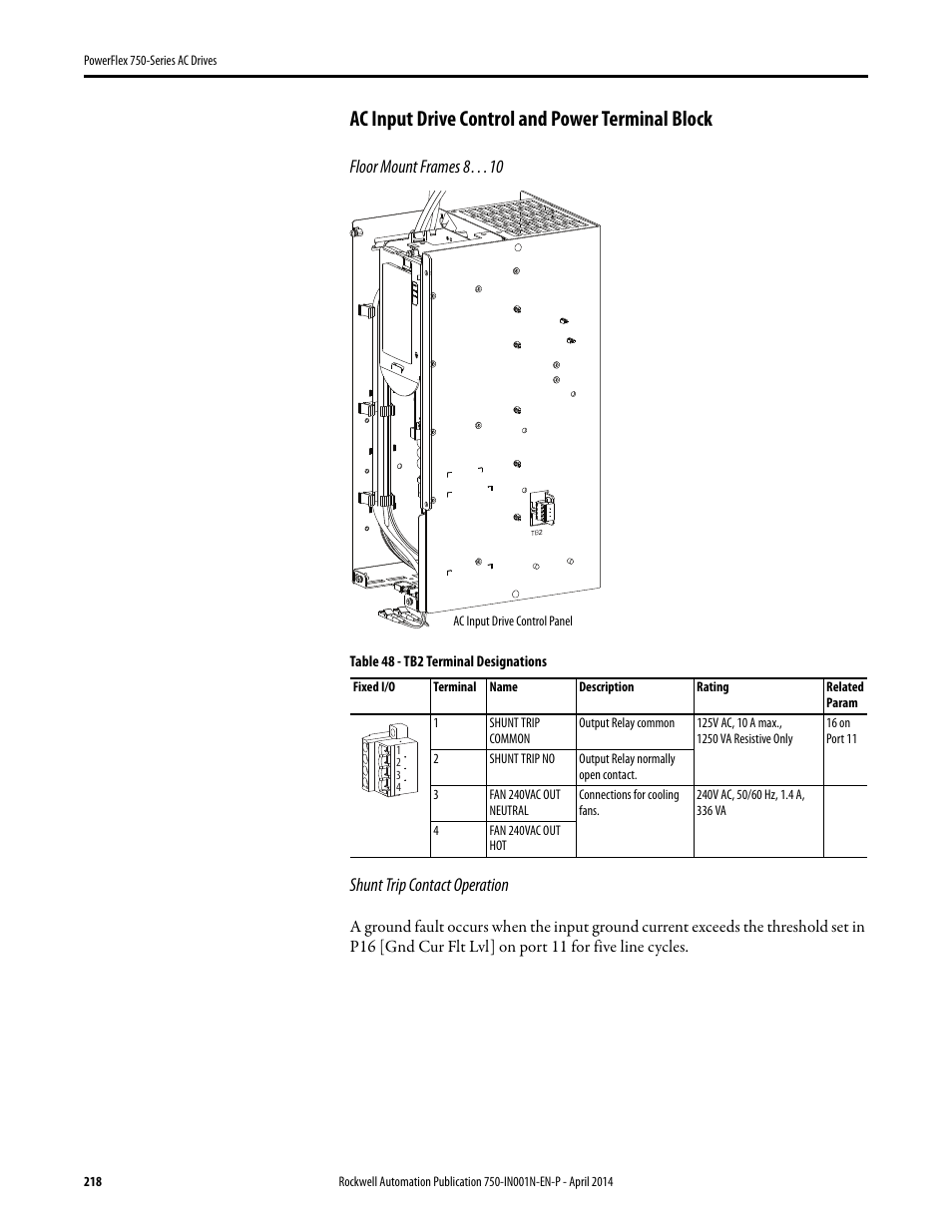 Ac input drive control and power terminal block, Floor mount frames 8…10, Shunt trip contact operation | Rockwell Automation 21G PowerFlex 750-Series AC Drives User Manual | Page 218 / 284