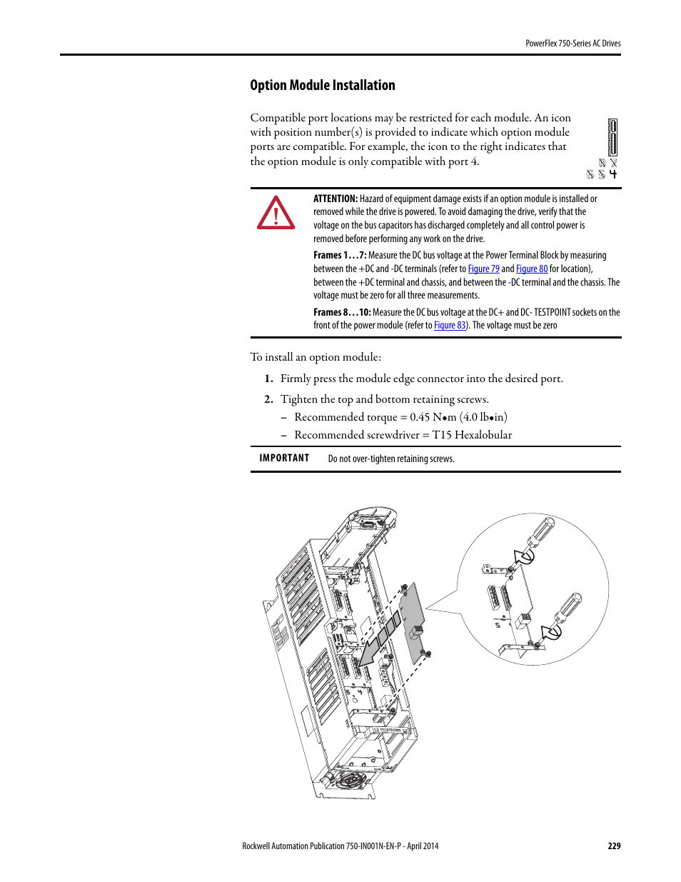 Option module installation | Rockwell Automation 21G PowerFlex 750-Series AC Drives User Manual | Page 229 / 284