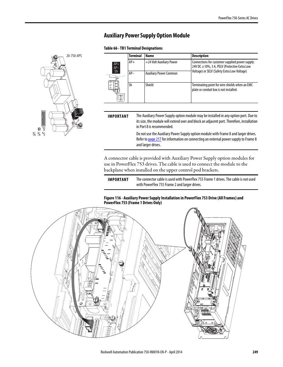 Auxiliary power supply option module | Rockwell Automation 21G PowerFlex 750-Series AC Drives User Manual | Page 249 / 284