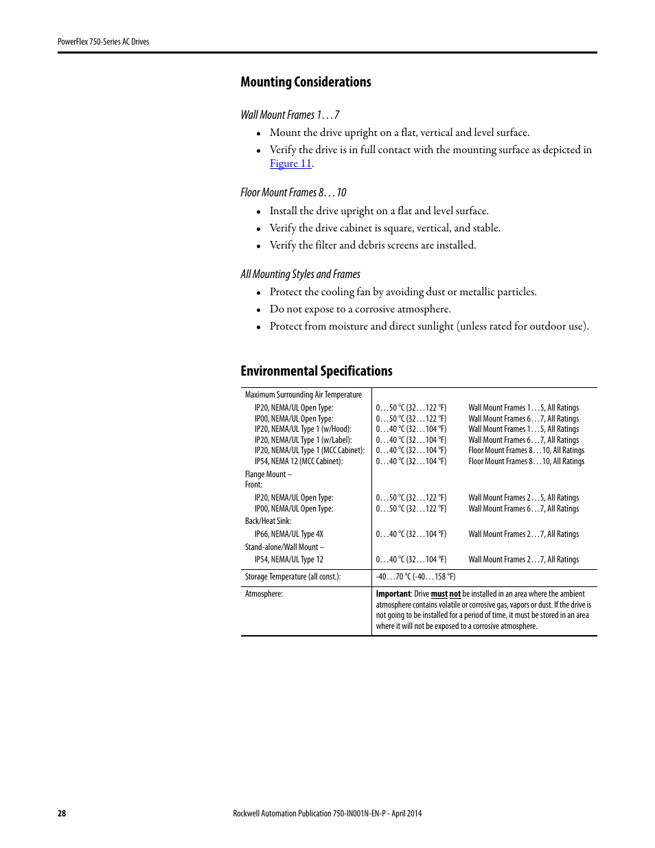 Mounting considerations, Environmental specifications | Rockwell Automation 21G PowerFlex 750-Series AC Drives User Manual | Page 28 / 284