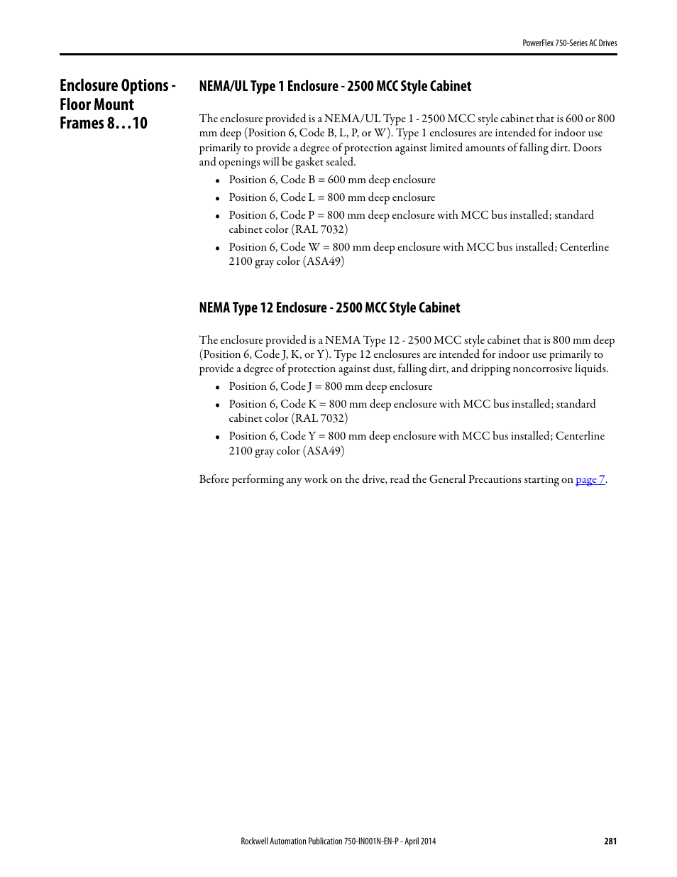 Enclosure options - floor mount frames 8…10, Nema/ul type 1 enclosure - 2500 mcc style cabinet, Nema type 12 enclosure - 2500 mcc style cabinet | Rockwell Automation 21G PowerFlex 750-Series AC Drives User Manual | Page 281 / 284