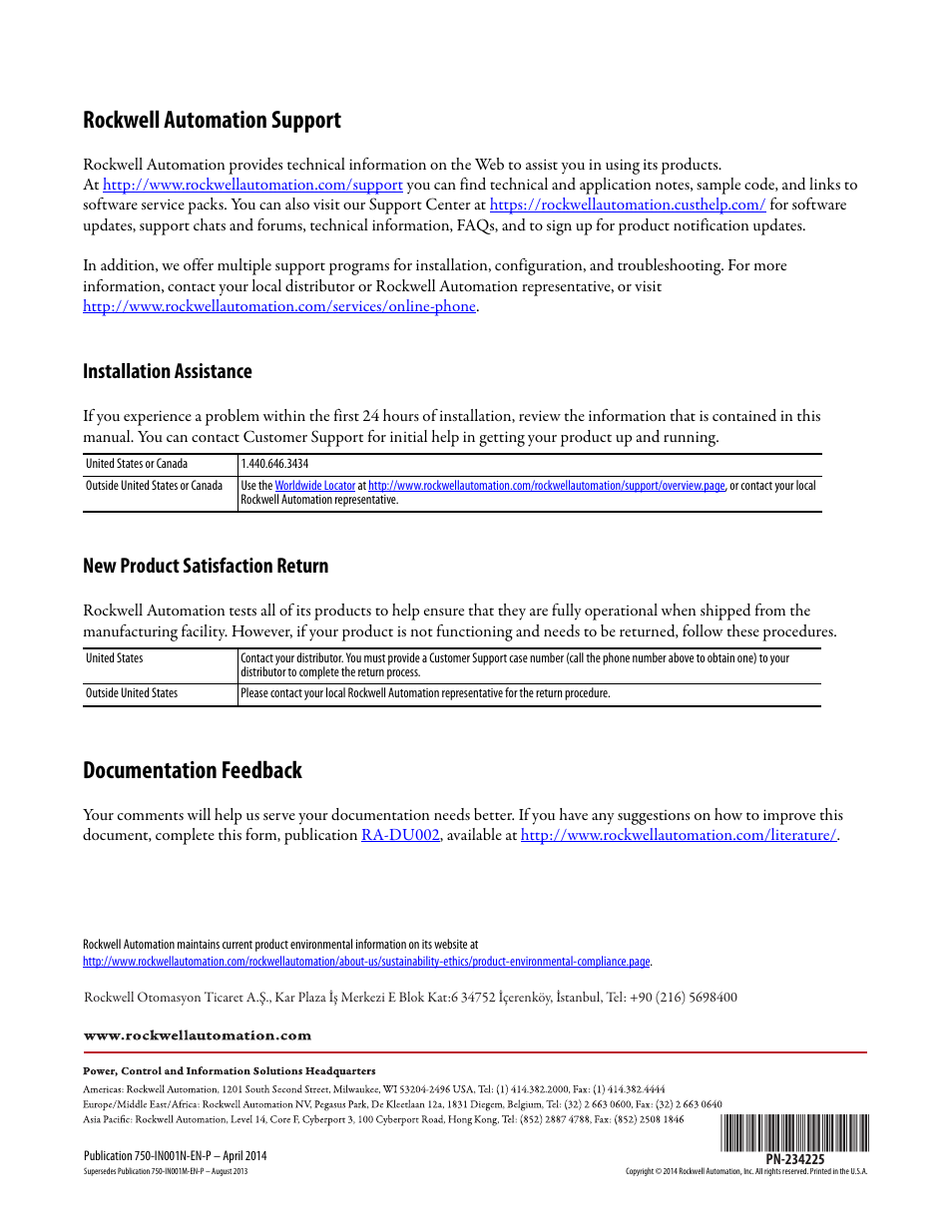 Publication 750-in001n-en-p - april 2014, Rockwell automation support, Documentation feedback | Installation assistance, New product satisfaction return | Rockwell Automation 21G PowerFlex 750-Series AC Drives User Manual | Page 284 / 284