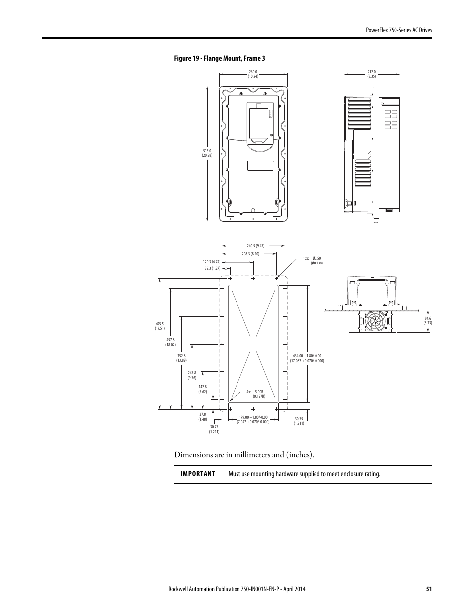 Dimensions are in millimeters and (inches), Figure 19 - flange mount, frame 3 | Rockwell Automation 21G PowerFlex 750-Series AC Drives User Manual | Page 51 / 284
