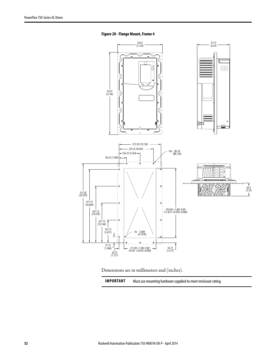 Dimensions are in millimeters and (inches), Figure 20 - flange mount, frame 4 | Rockwell Automation 21G PowerFlex 750-Series AC Drives User Manual | Page 52 / 284