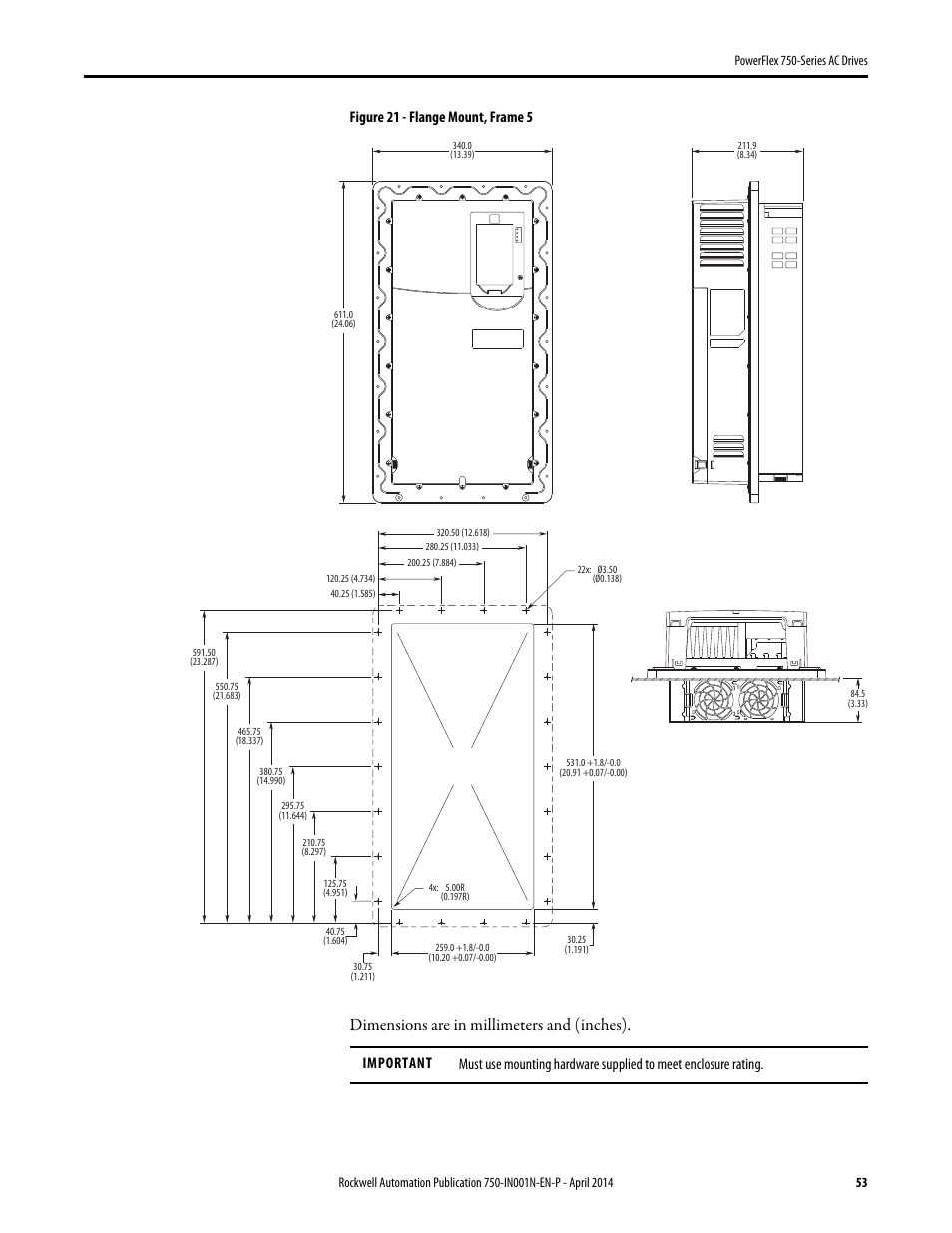 Dimensions are in millimeters and (inches), Figure 21 - flange mount, frame 5 | Rockwell Automation 21G PowerFlex 750-Series AC Drives User Manual | Page 53 / 284