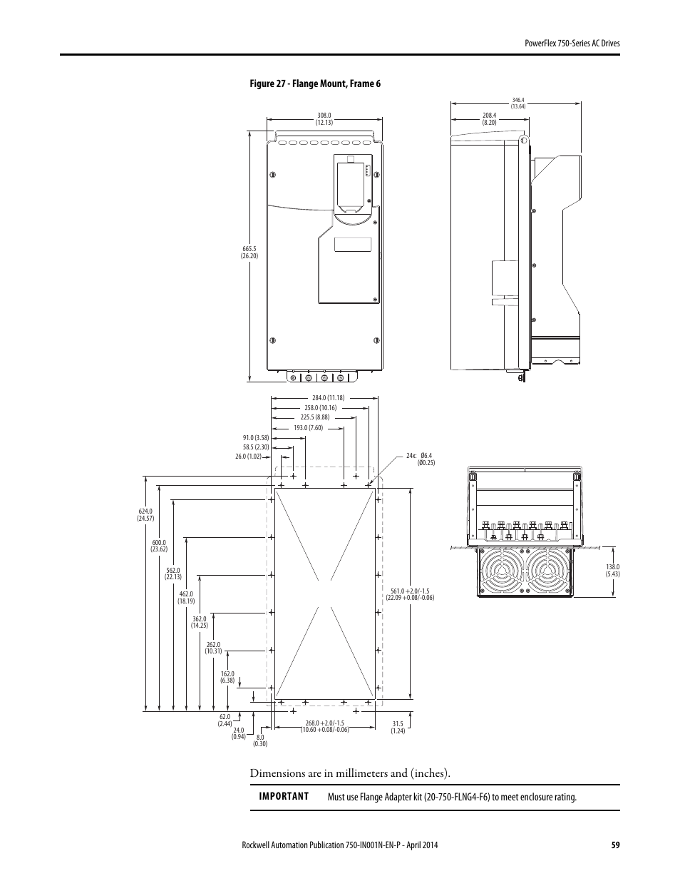 Dimensions are in millimeters and (inches), Figure 27 - flange mount, frame 6 | Rockwell Automation 21G PowerFlex 750-Series AC Drives User Manual | Page 59 / 284