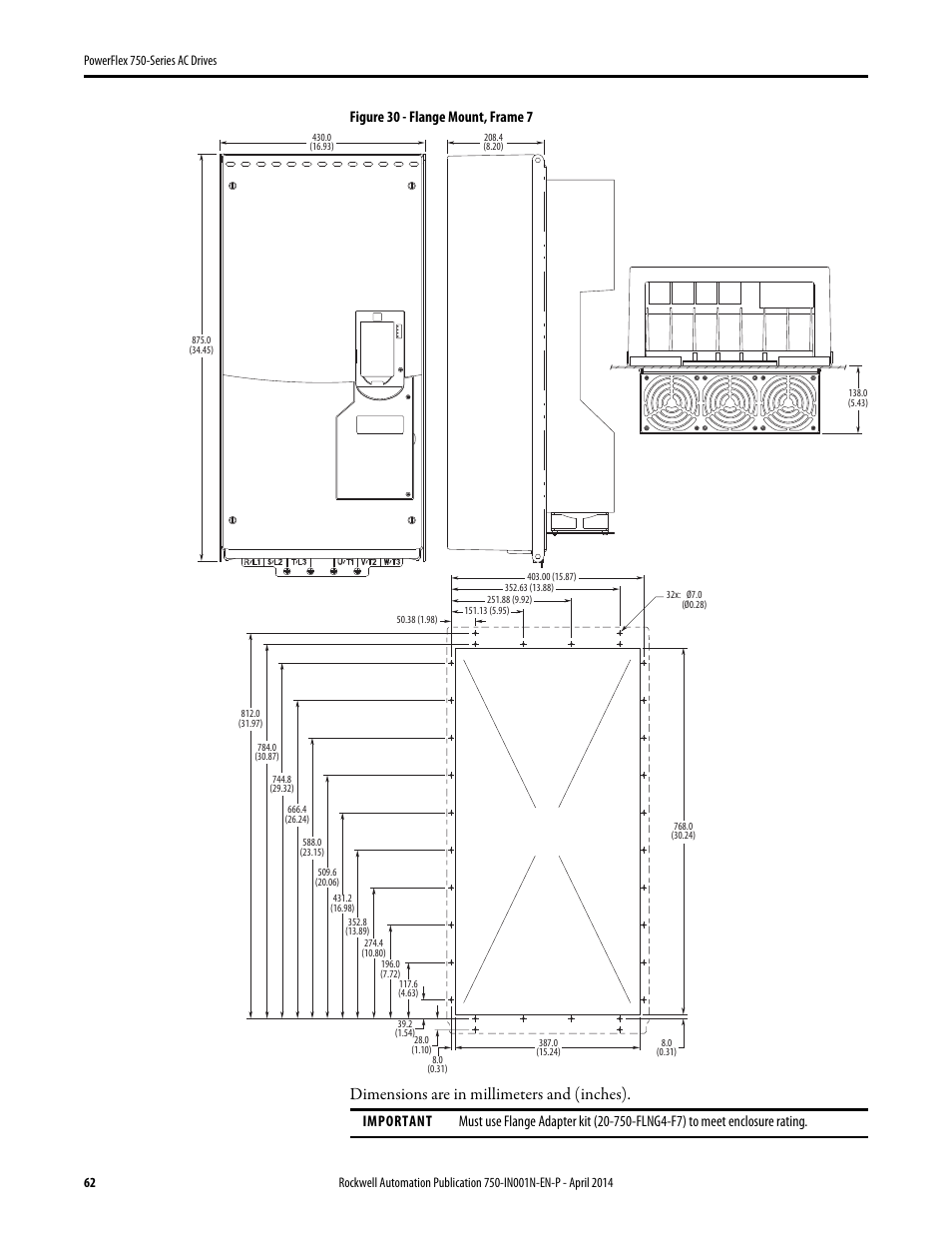 Dimensions are in millimeters and (inches), Figure 30 - flange mount, frame 7 | Rockwell Automation 21G PowerFlex 750-Series AC Drives User Manual | Page 62 / 284