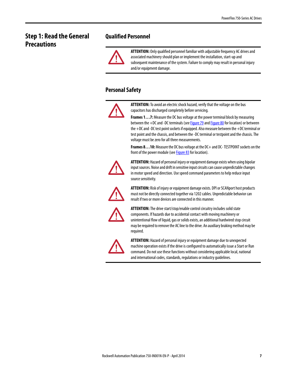 Step 1: read the general precautions, Qualified personnel, Personal safety | Qualified personnel personal safety | Rockwell Automation 21G PowerFlex 750-Series AC Drives User Manual | Page 7 / 284