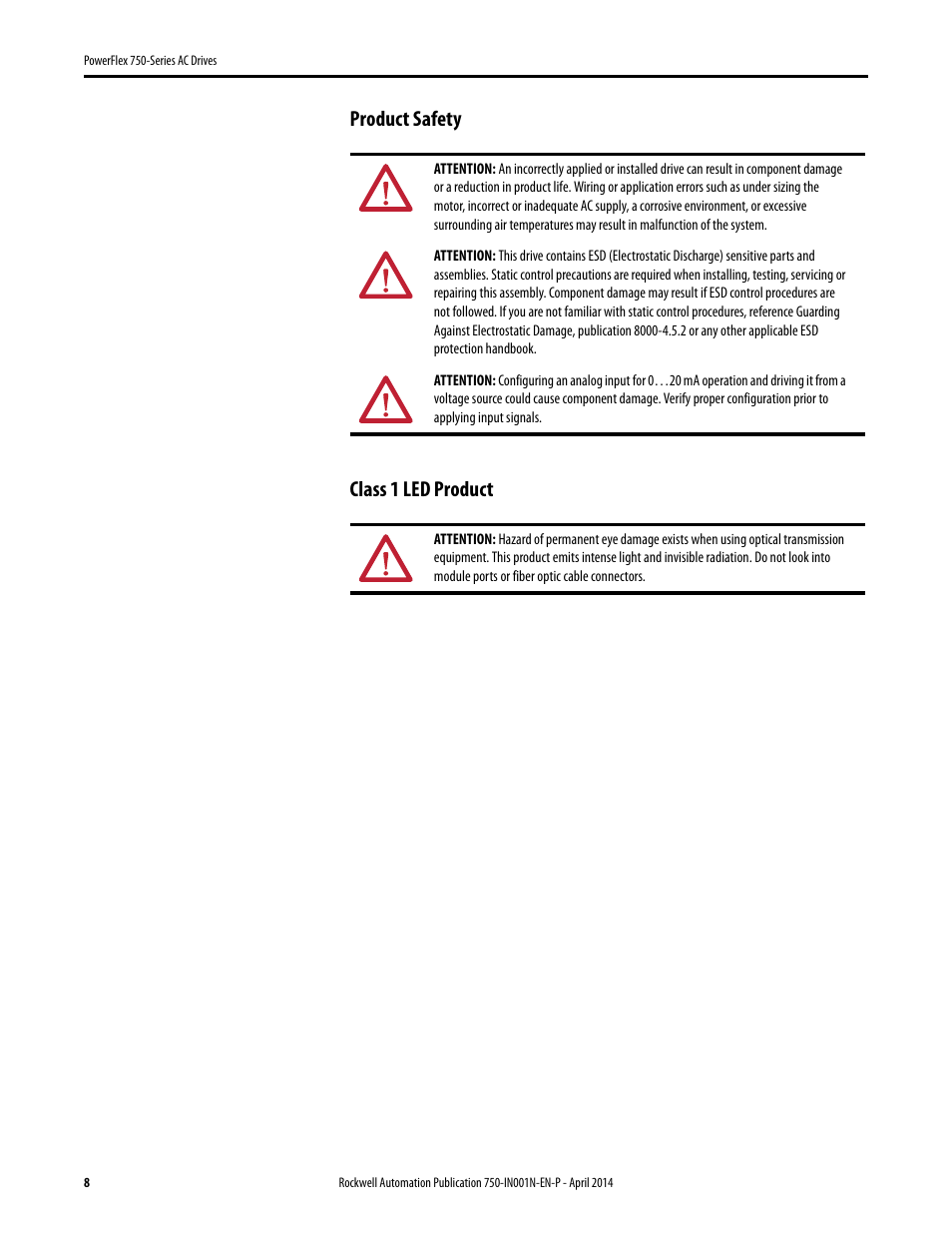 Product safety, Class 1 led product, Product safety class 1 led product | Rockwell Automation 21G PowerFlex 750-Series AC Drives User Manual | Page 8 / 284