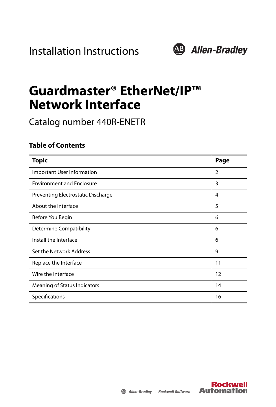 Rockwell Automation 440R-ENETR Guardmaster EtherNet/IP Network Interface - Installation Instructions User Manual | 20 pages