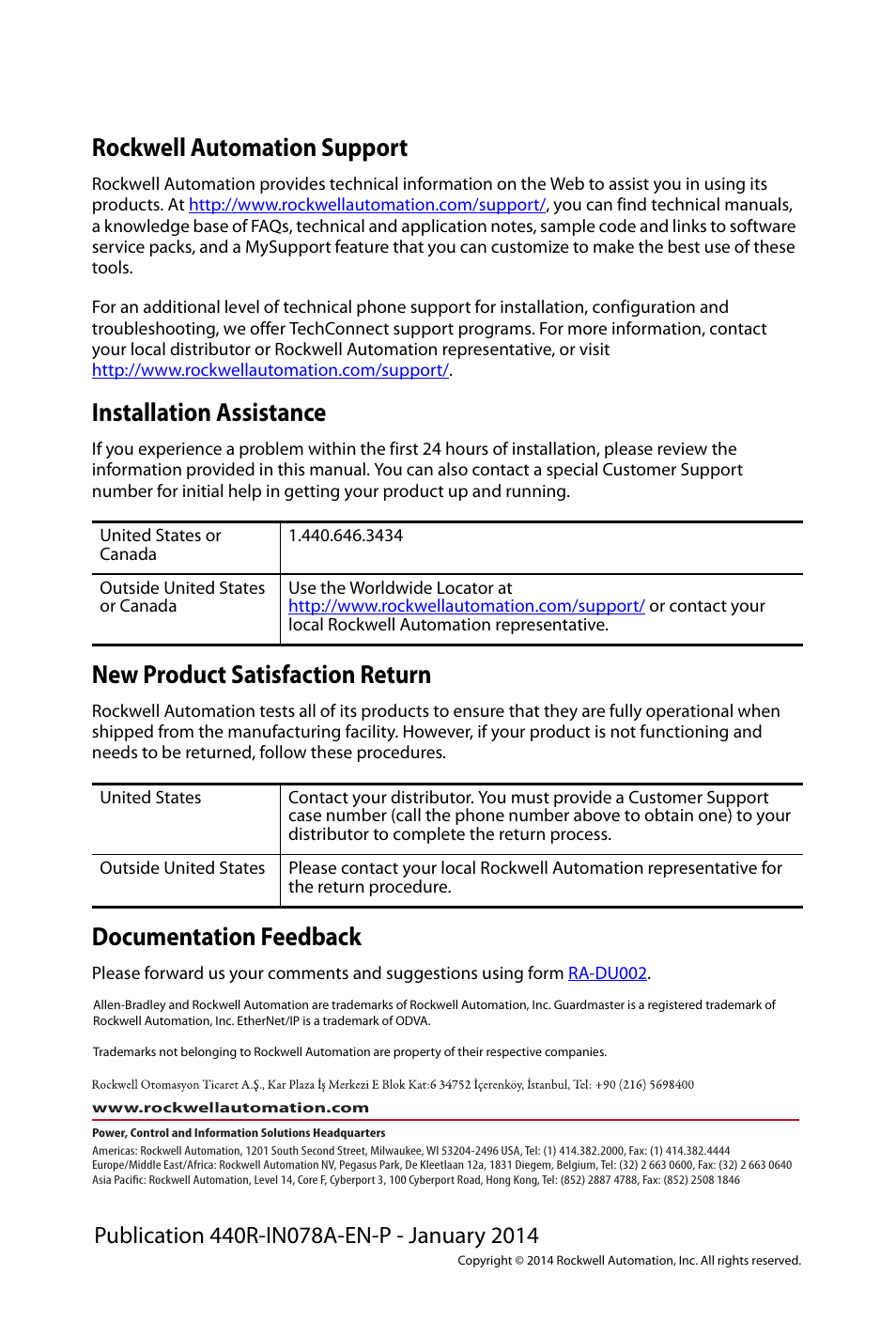 Rockwell automation support, Installation assistance, New product satisfaction return | Documentation feedback | Rockwell Automation 440R-ENETR Guardmaster EtherNet/IP Network Interface - Installation Instructions User Manual | Page 20 / 20