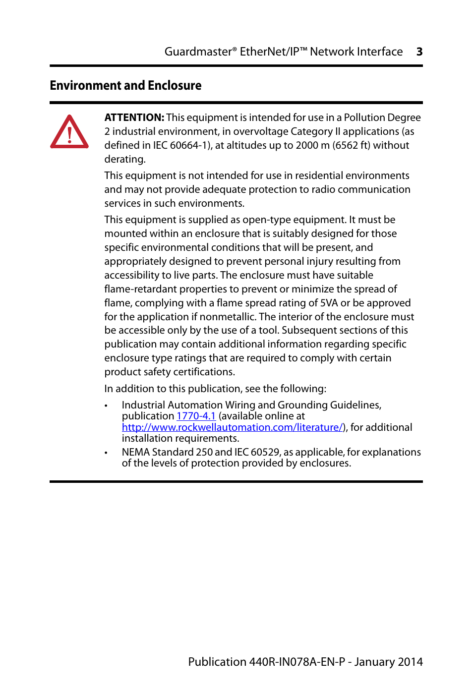 Environment and enclosure | Rockwell Automation 440R-ENETR Guardmaster EtherNet/IP Network Interface - Installation Instructions User Manual | Page 3 / 20