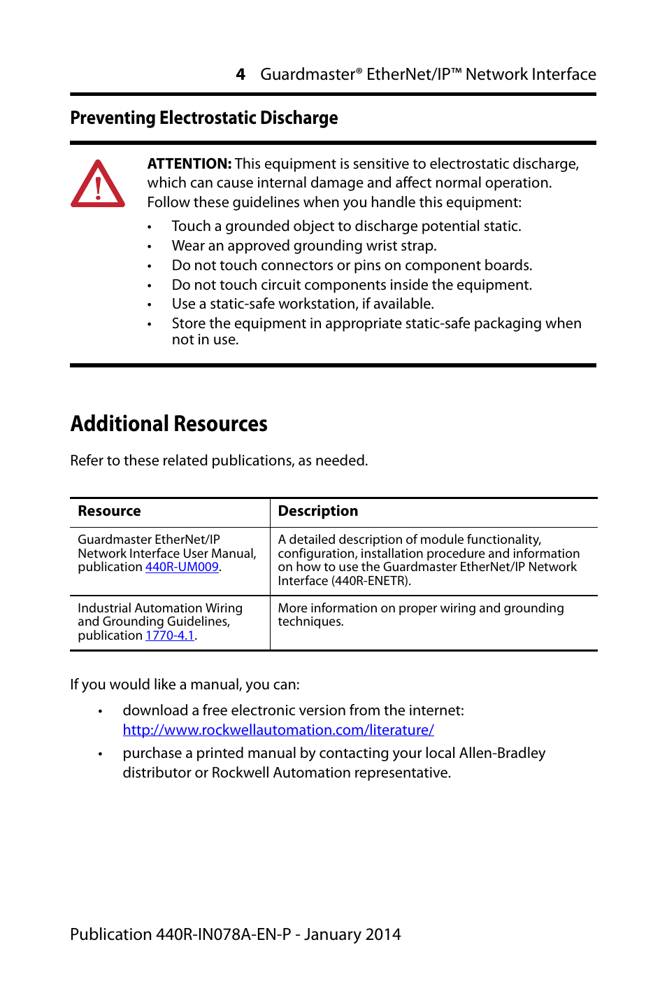 Preventing electrostatic discharge, Additional resources | Rockwell Automation 440R-ENETR Guardmaster EtherNet/IP Network Interface - Installation Instructions User Manual | Page 4 / 20