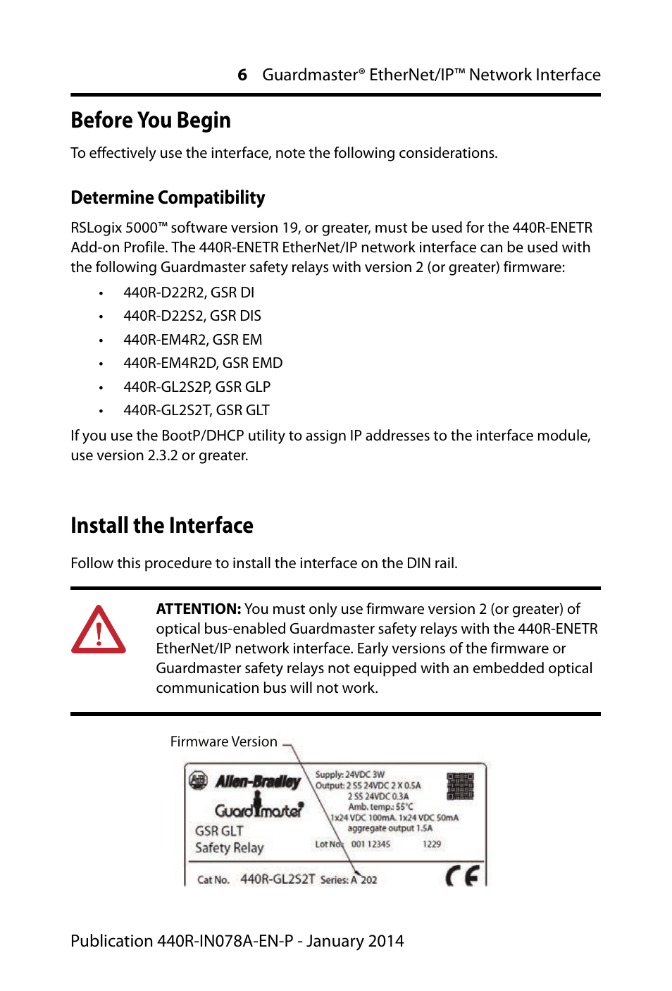 Before you begin, Determine compatibility, Install the interface | Rockwell Automation 440R-ENETR Guardmaster EtherNet/IP Network Interface - Installation Instructions User Manual | Page 6 / 20