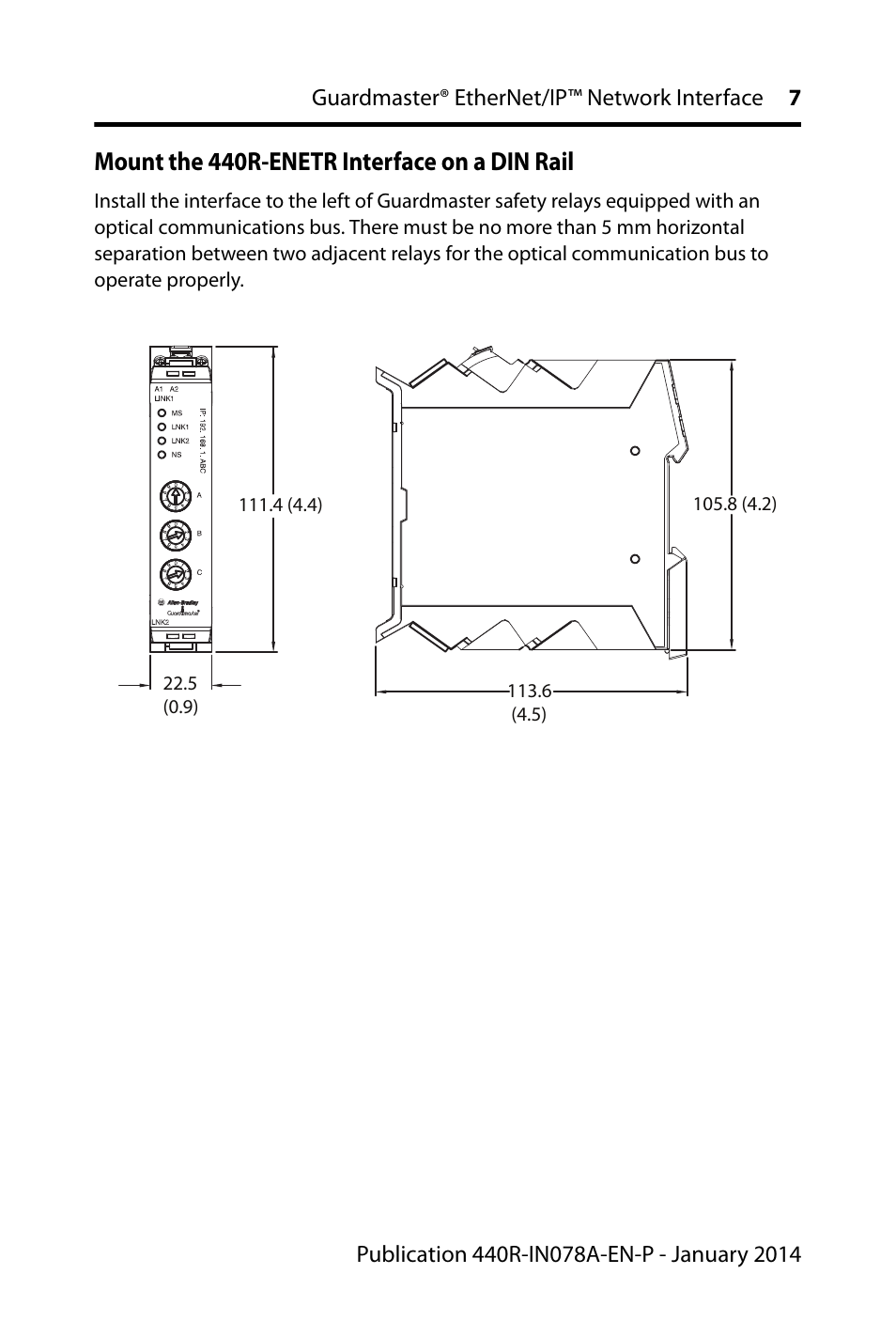 Mount the 440r-enetr interface on a din rail | Rockwell Automation 440R-ENETR Guardmaster EtherNet/IP Network Interface - Installation Instructions User Manual | Page 7 / 20
