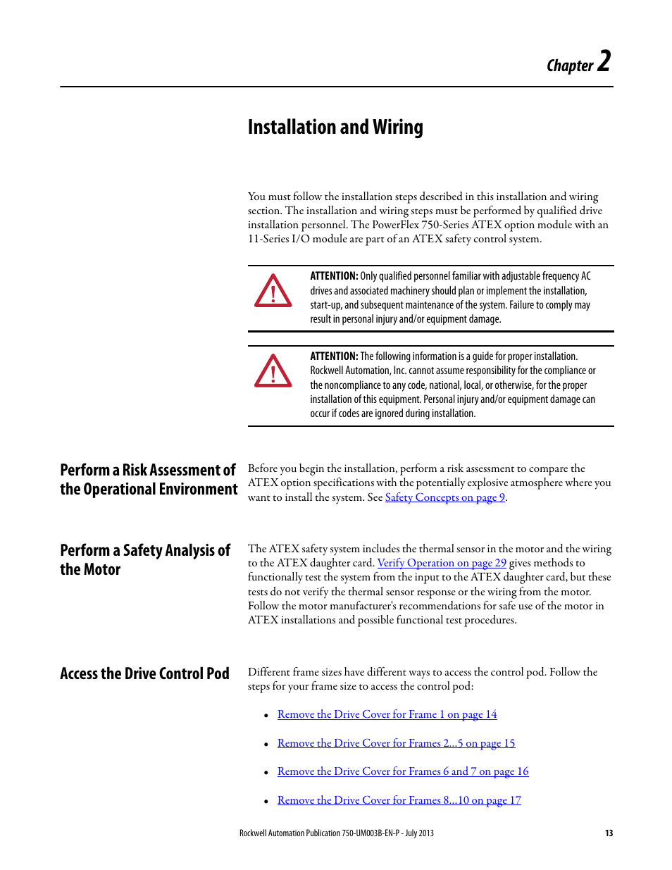 2 - installation and wiring, Perform a safety analysis of the motor, Access the drive control pod | Chapter 2, Installation and wiring, Chapter | Rockwell Automation 20-750-ATEX PowerFlex 750-Series ATEX Option Module User Manual | Page 13 / 44