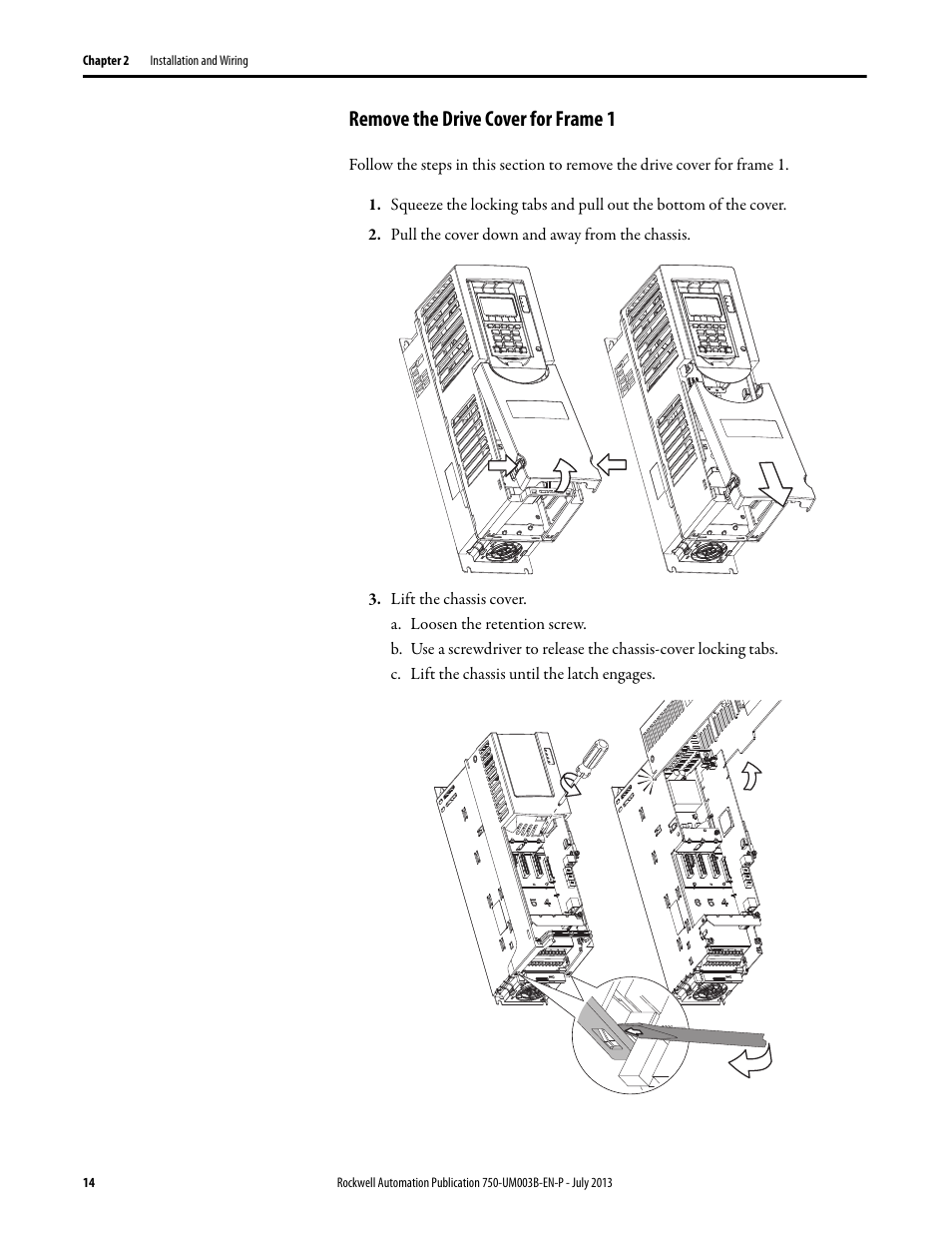 Remove the drive cover for frame 1 | Rockwell Automation 20-750-ATEX PowerFlex 750-Series ATEX Option Module User Manual | Page 14 / 44