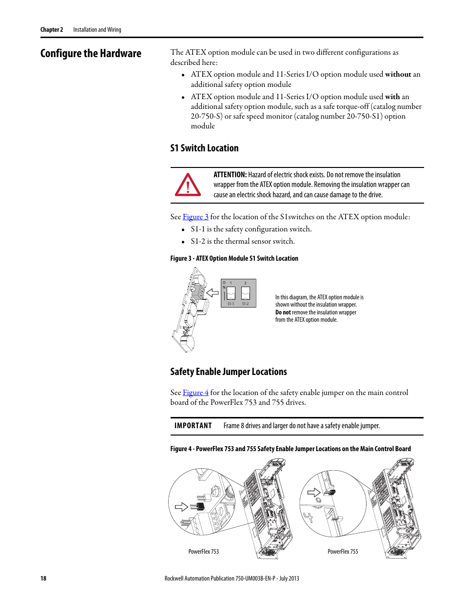 Configure the hardware, S1 switch location, Safety enable jumper locations | S1 switch location safety enable jumper locations, S1 switch | Rockwell Automation 20-750-ATEX PowerFlex 750-Series ATEX Option Module User Manual | Page 18 / 44