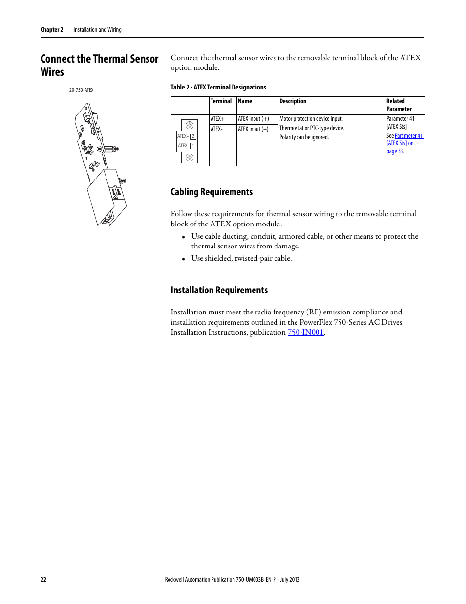 Connect the thermal sensor wires, Cabling requirements, Installation requirements | Cabling requirements installation requirements, Connect the thermal | Rockwell Automation 20-750-ATEX PowerFlex 750-Series ATEX Option Module User Manual | Page 22 / 44