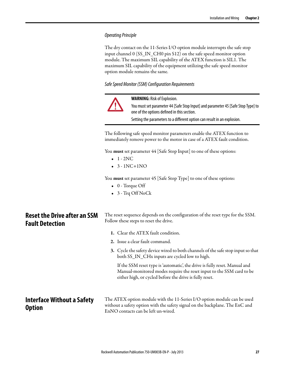 Reset the drive after an ssm fault detection, Interface without a safety option, Interface | Rockwell Automation 20-750-ATEX PowerFlex 750-Series ATEX Option Module User Manual | Page 27 / 44
