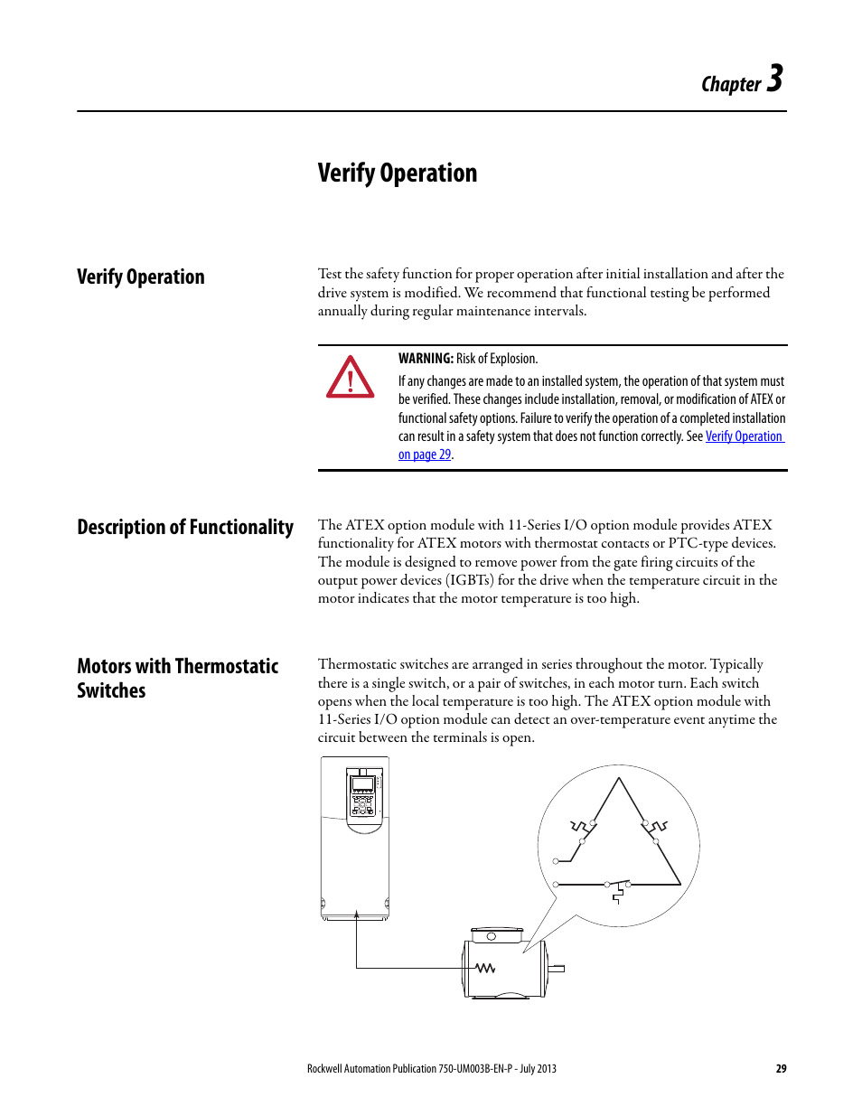3 - verify operation, Verify operation, Description of functionality | Motors with thermostatic switches, Chapter 3 | Rockwell Automation 20-750-ATEX PowerFlex 750-Series ATEX Option Module User Manual | Page 29 / 44