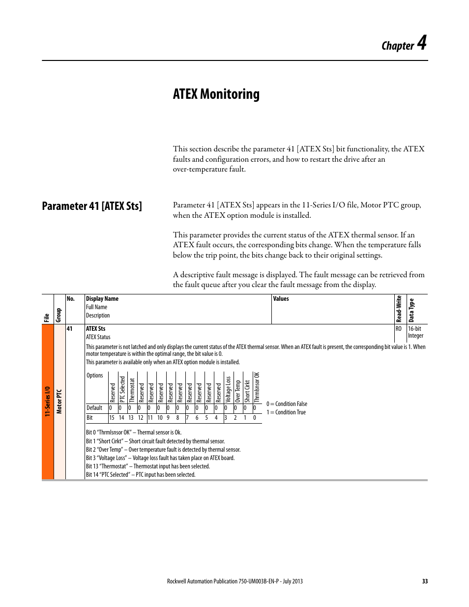 4 - atex monitoring, Parameter 41 [atex sts, Chapter 4 | Atex monitoring, Parameter 41, Chapter | Rockwell Automation 20-750-ATEX PowerFlex 750-Series ATEX Option Module User Manual | Page 33 / 44