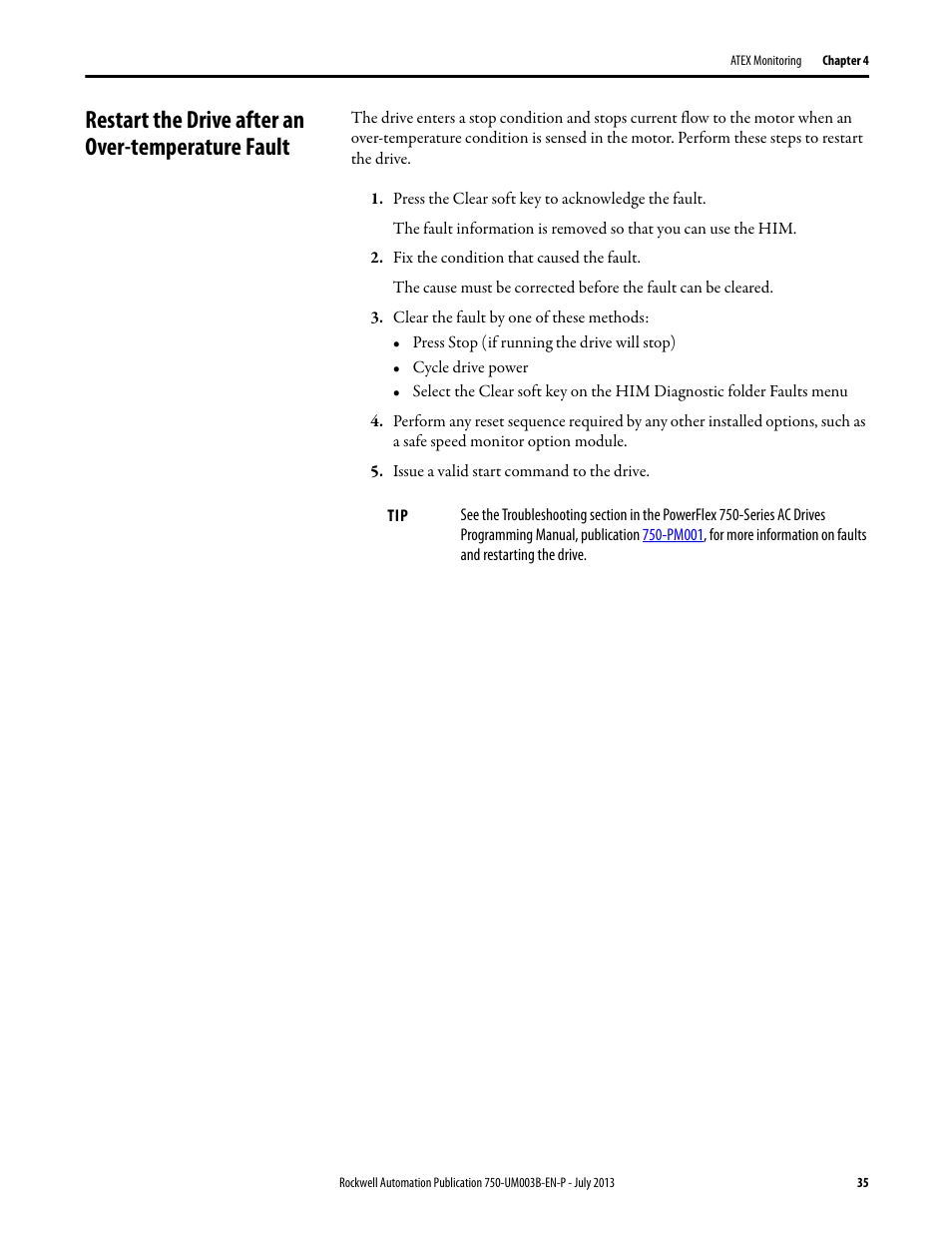 Restart the drive after an over-temperature fault, Restart the drive after an | Rockwell Automation 20-750-ATEX PowerFlex 750-Series ATEX Option Module User Manual | Page 35 / 44