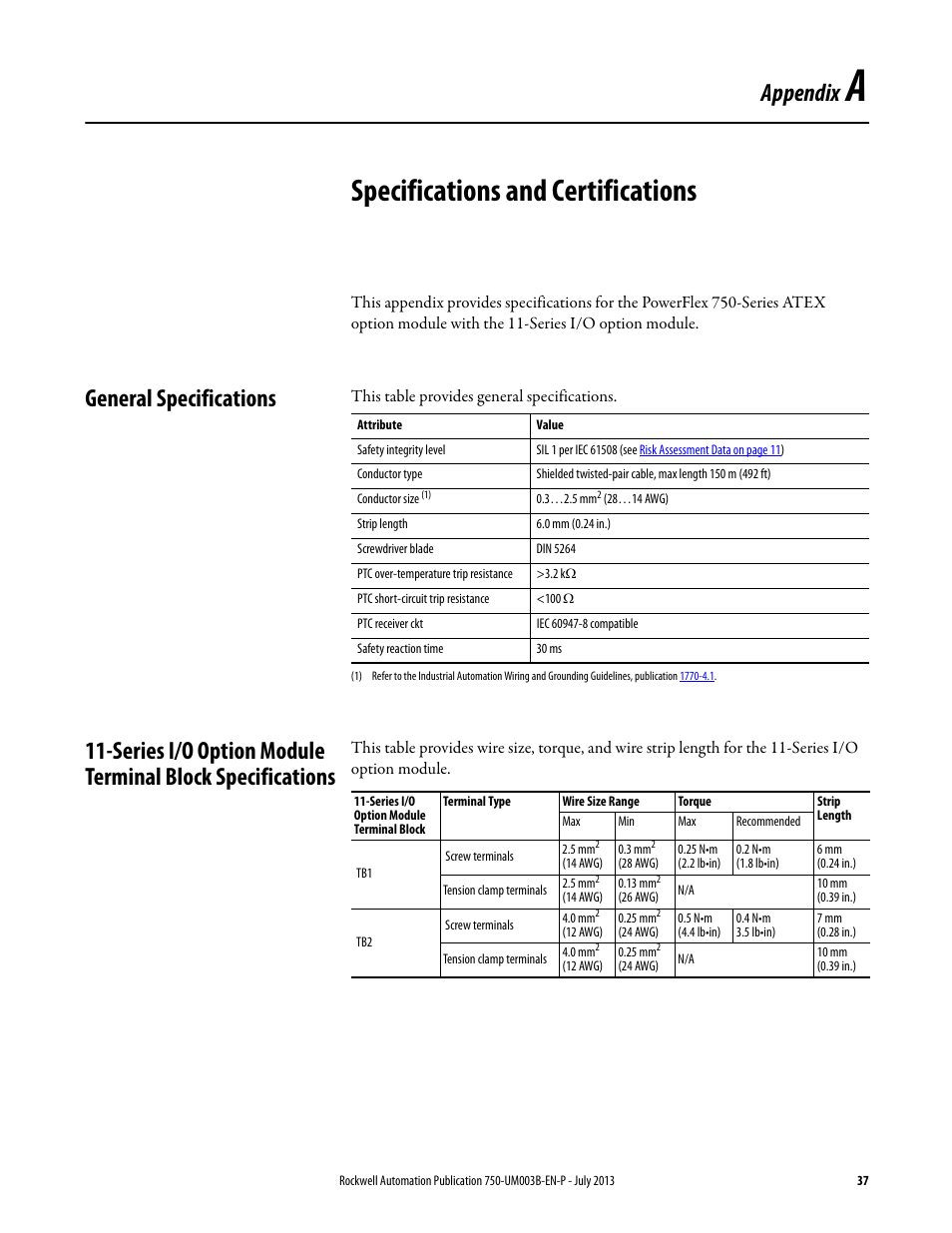 A - specifications and certifications, General specifications, Appendix a | Specifications and certifications, Appendix | Rockwell Automation 20-750-ATEX PowerFlex 750-Series ATEX Option Module User Manual | Page 37 / 44