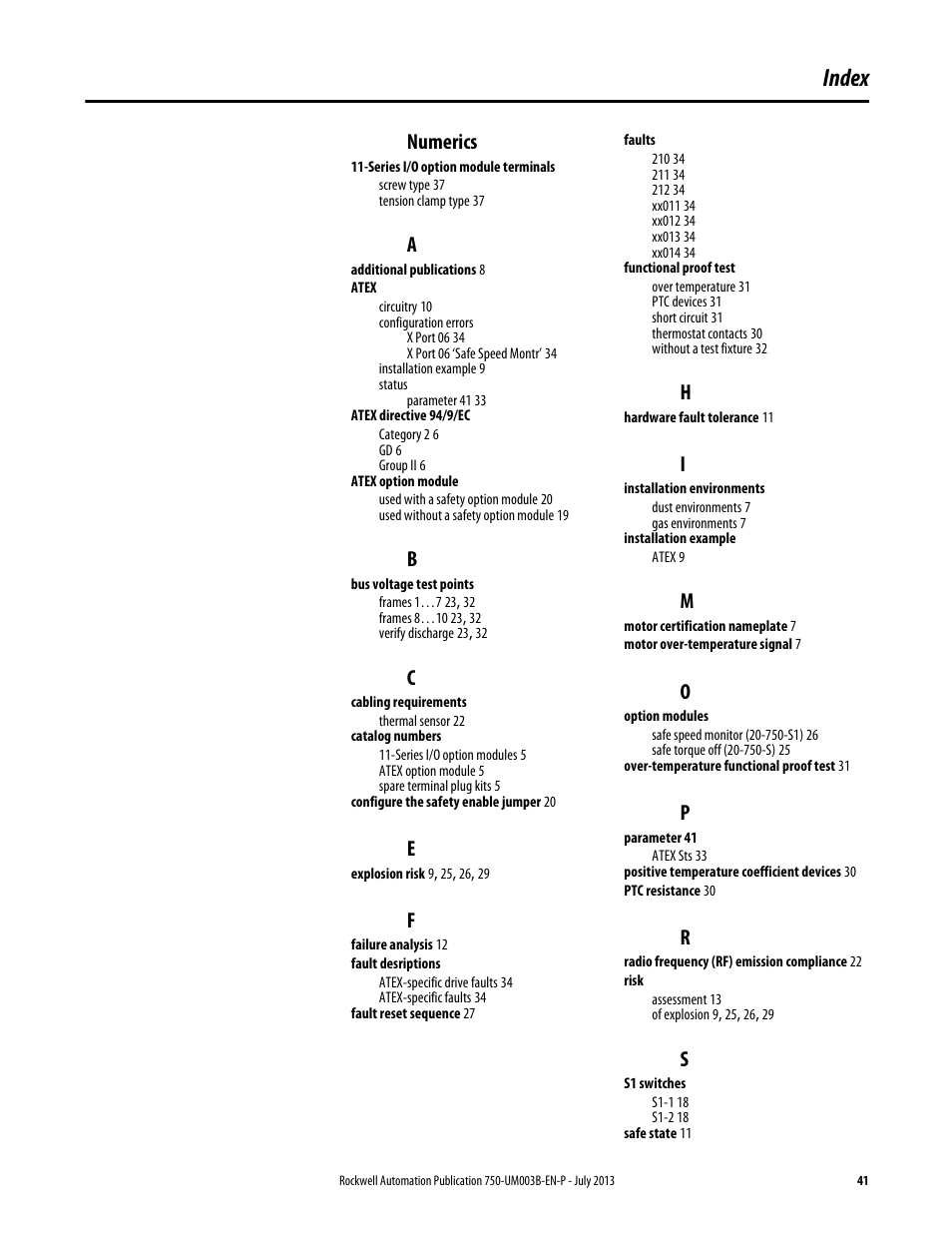 Index, Numerics | Rockwell Automation 20-750-ATEX PowerFlex 750-Series ATEX Option Module User Manual | Page 41 / 44