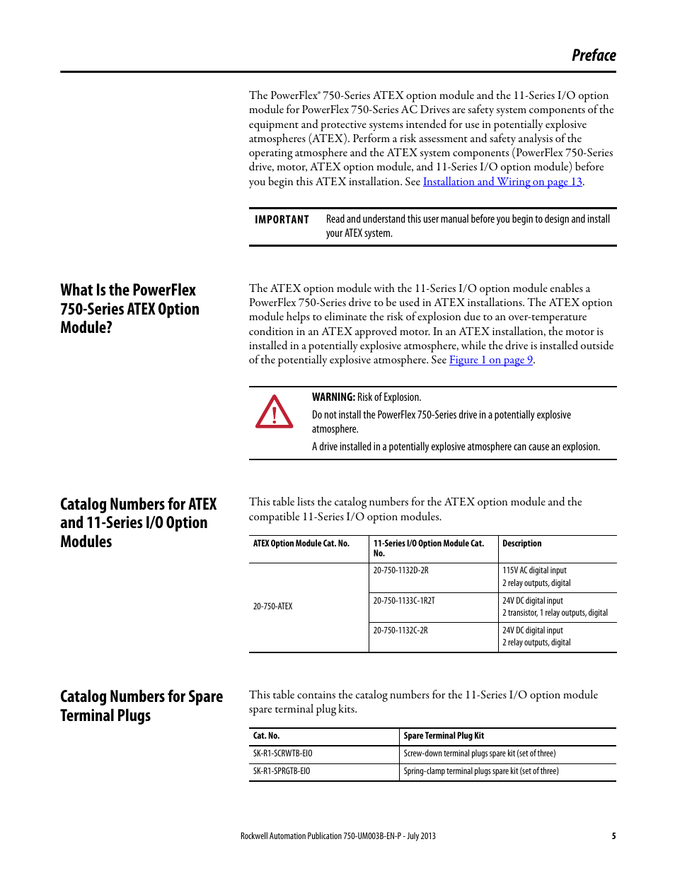 Preface, Catalog numbers for spare terminal plugs | Rockwell Automation 20-750-ATEX PowerFlex 750-Series ATEX Option Module User Manual | Page 5 / 44