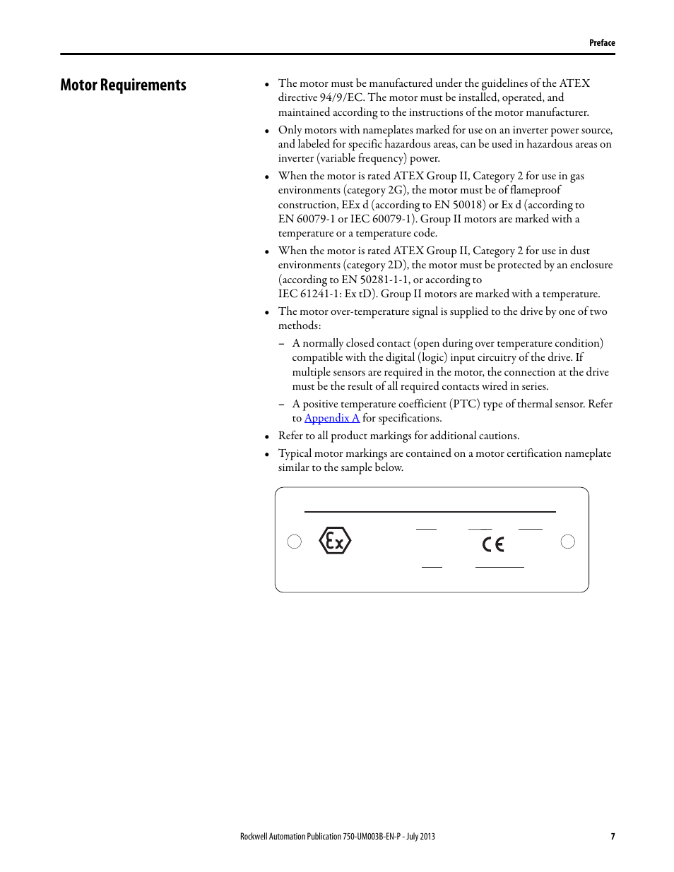 Motor requirements, Flameproof exd enclosure | Rockwell Automation 20-750-ATEX PowerFlex 750-Series ATEX Option Module User Manual | Page 7 / 44
