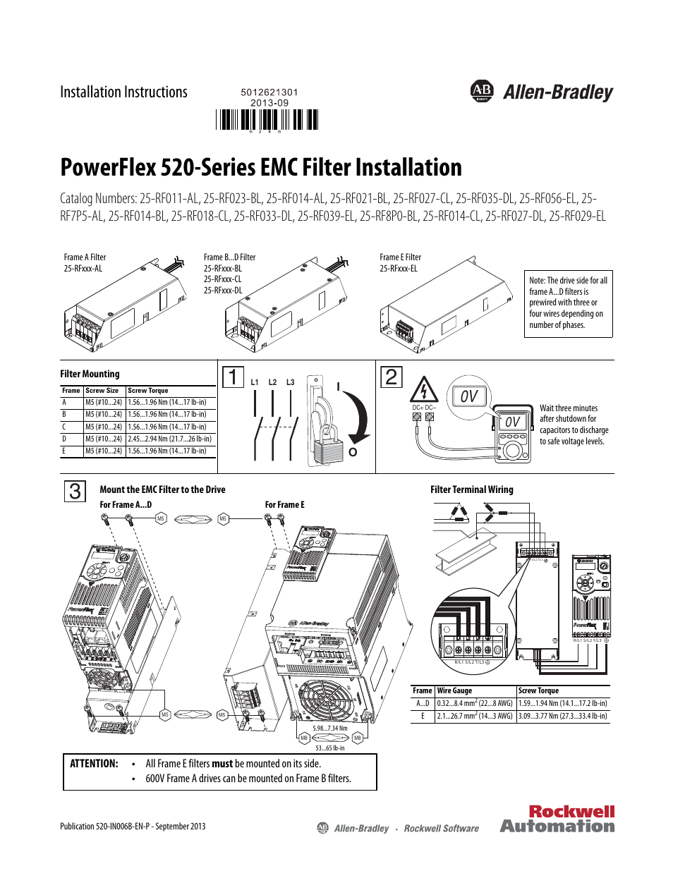 Rockwell Automation 25B PowerFlex 520-Series EMC Filter User Manual | 2 pages