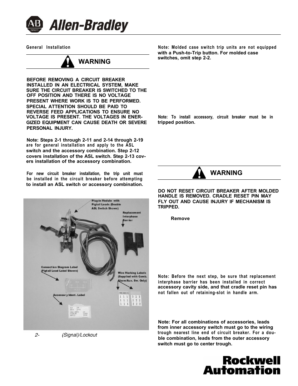 Warning | Rockwell Automation 140U K-Frame CB Alarm Switch and Alarm /Auxiliary Switch Combination User Manual | Page 3 / 8