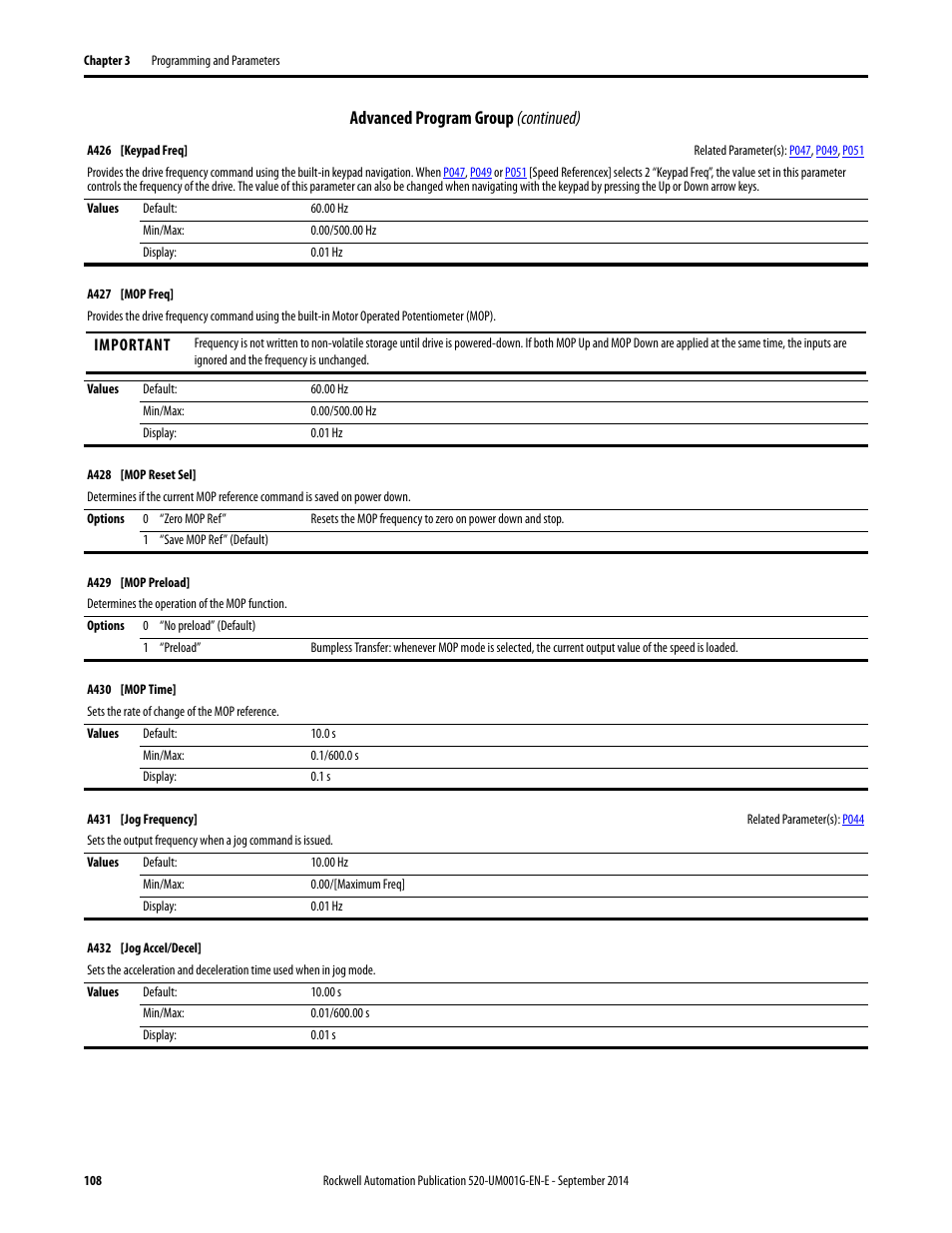 A427, A431, A432 | Set in, A430, A426, Advanced program group (continued) | Rockwell Automation 25B PowerFlex 520-Series Adjustable Frequency AC Drive User Manual User Manual | Page 108 / 244