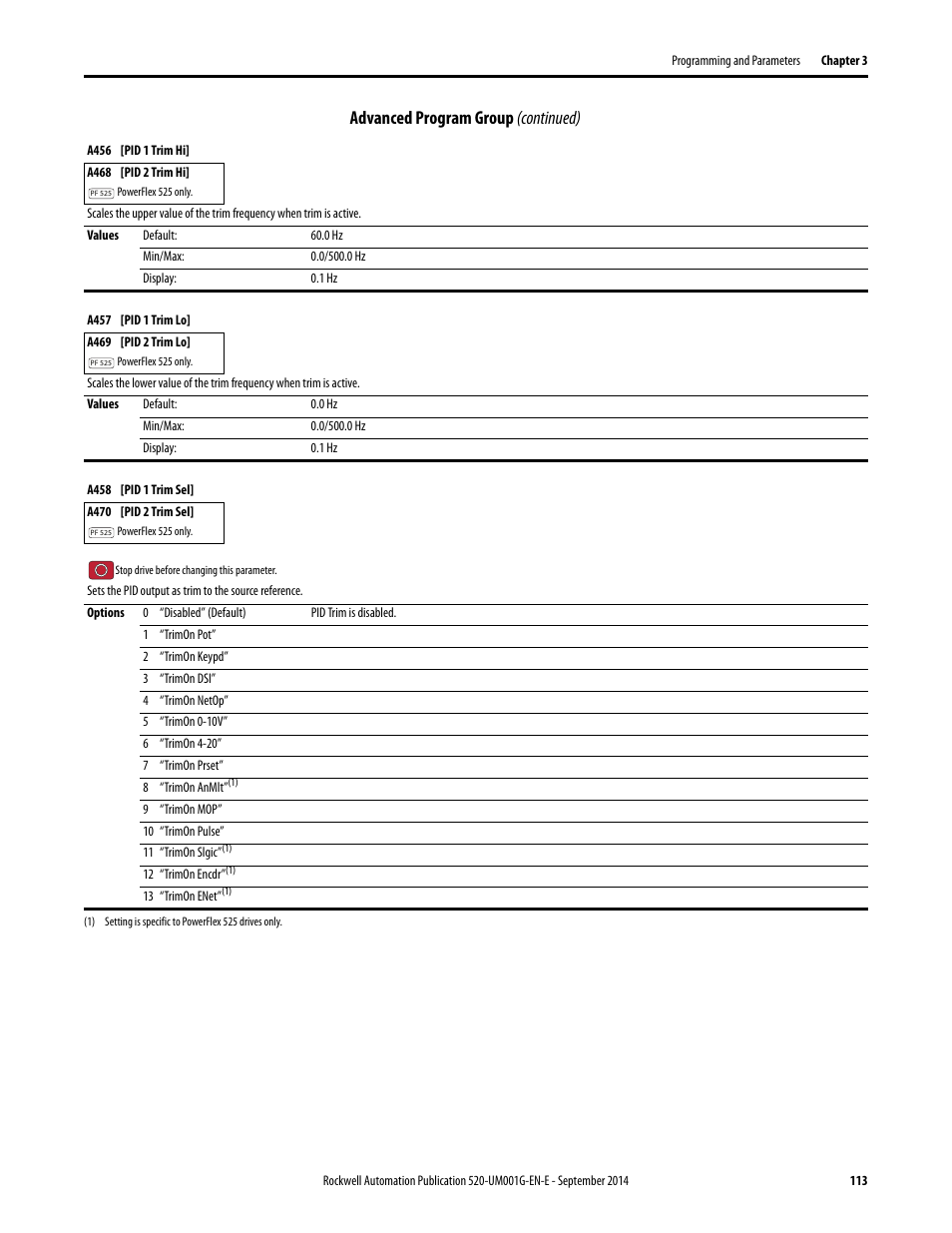 Advanced program group (continued) | Rockwell Automation 25B PowerFlex 520-Series Adjustable Frequency AC Drive User Manual User Manual | Page 113 / 244