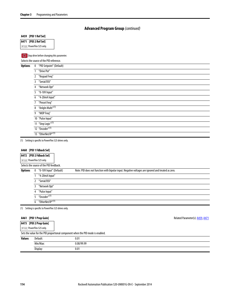 A459, A471, Advanced program group (continued) | Rockwell Automation 25B PowerFlex 520-Series Adjustable Frequency AC Drive User Manual User Manual | Page 114 / 244