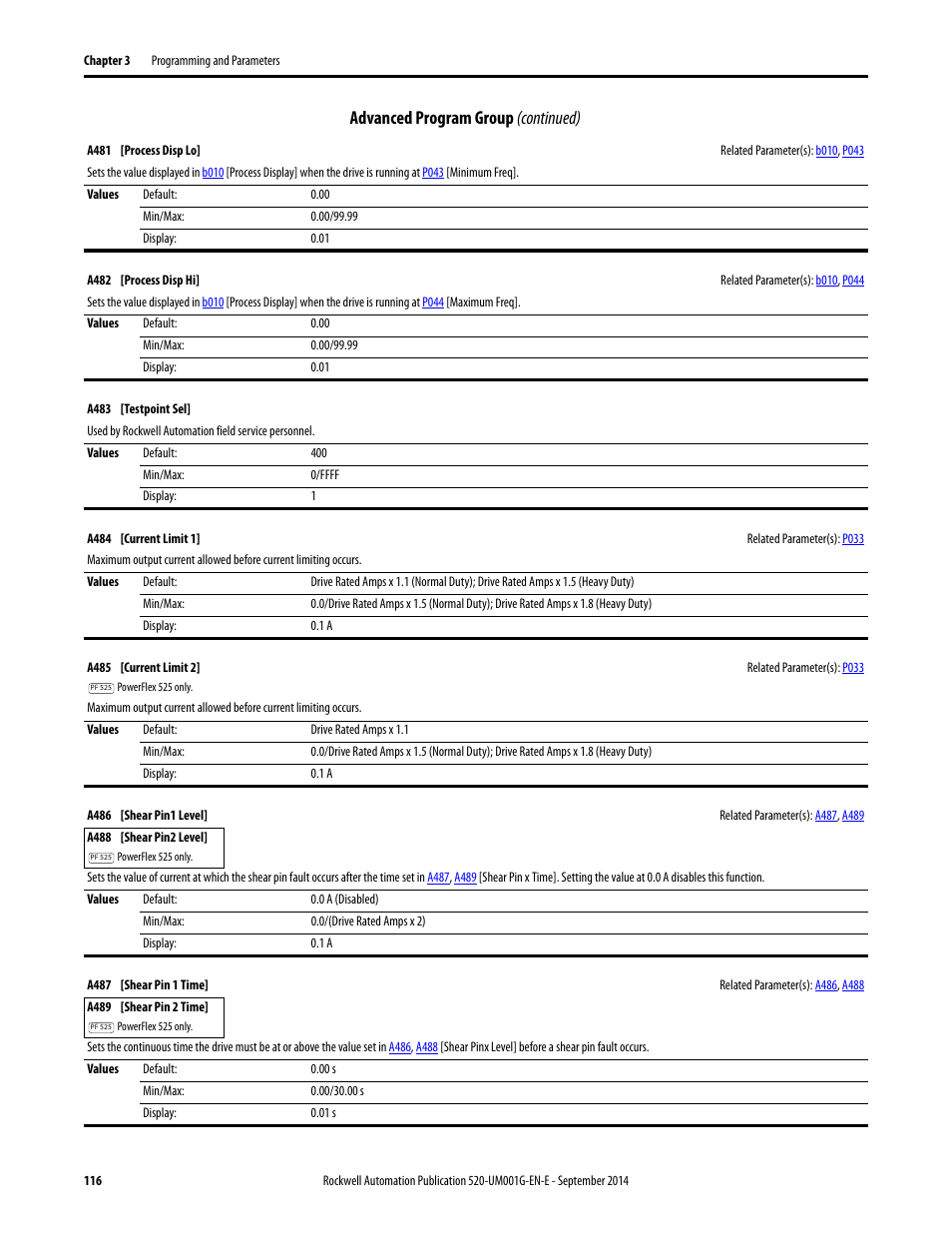 A481, A482, A484 | A485, A488, A483, Advanced program group (continued) | Rockwell Automation 25B PowerFlex 520-Series Adjustable Frequency AC Drive User Manual User Manual | Page 116 / 244