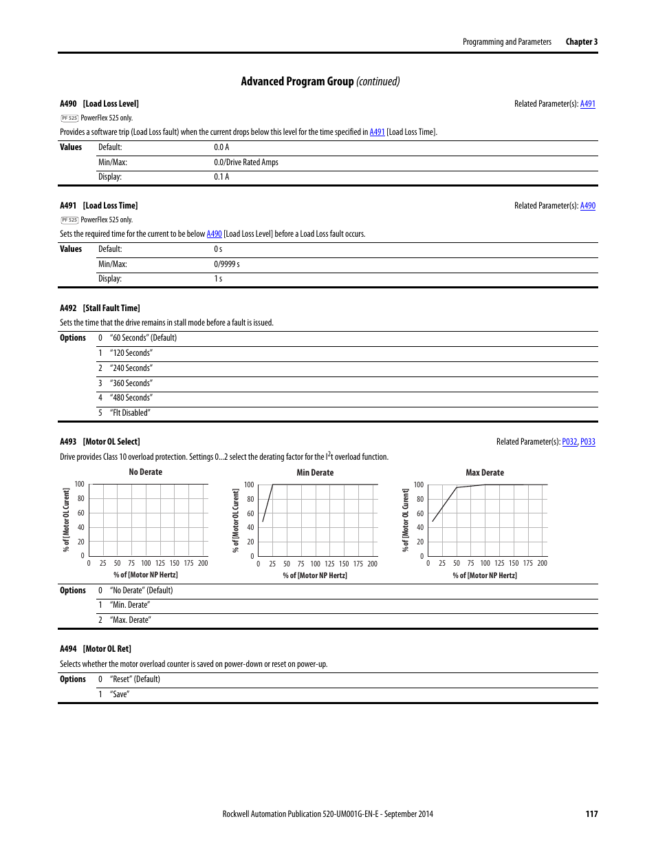 A493, Advanced program group (continued) | Rockwell Automation 25B PowerFlex 520-Series Adjustable Frequency AC Drive User Manual User Manual | Page 117 / 244