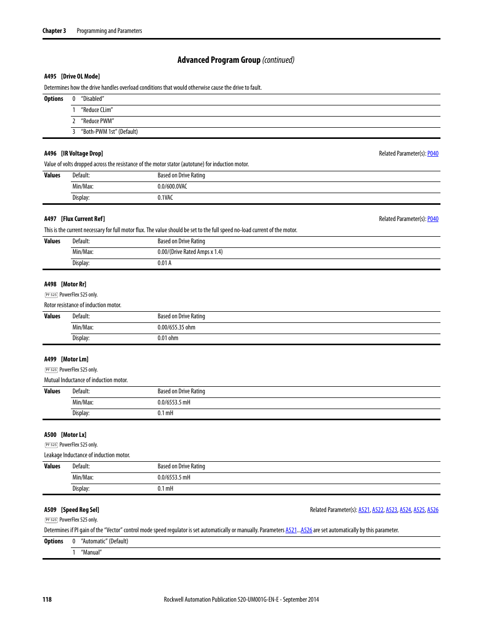 A496, A497, Tting of | Advanced program group (continued) | Rockwell Automation 25B PowerFlex 520-Series Adjustable Frequency AC Drive User Manual User Manual | Page 118 / 244