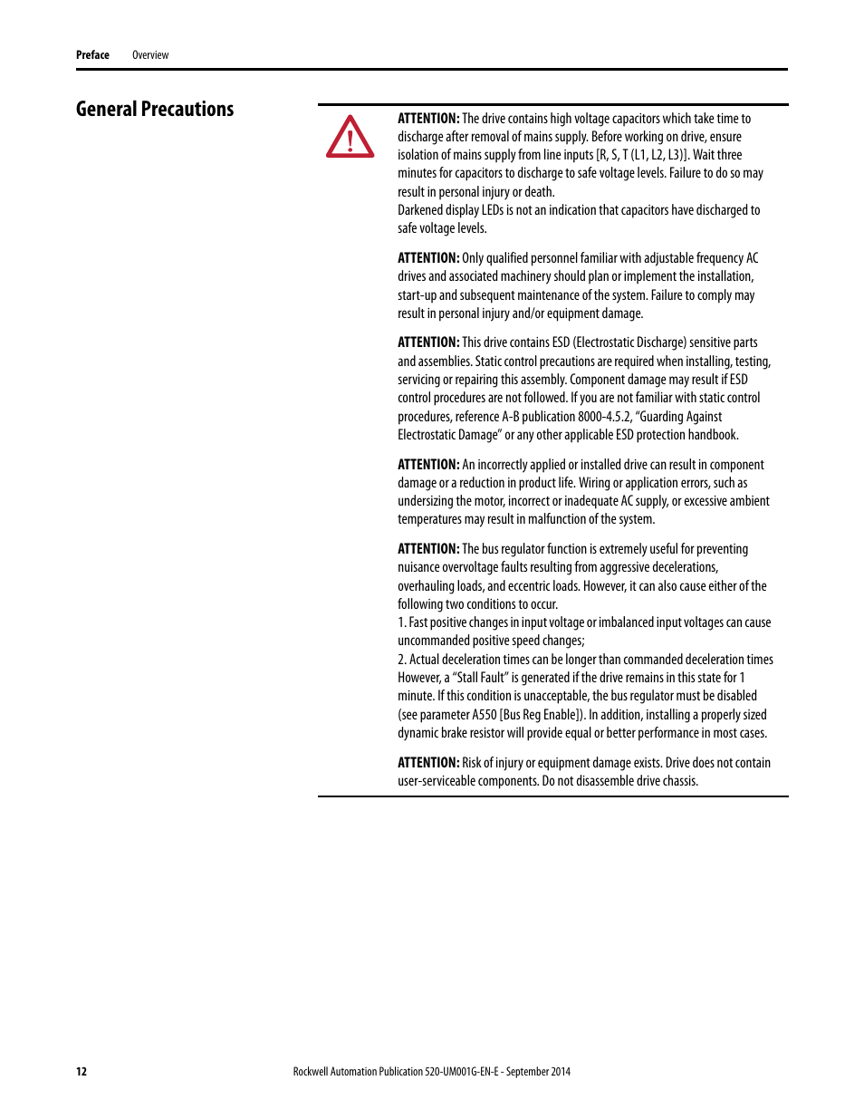 General precautions | Rockwell Automation 25B PowerFlex 520-Series Adjustable Frequency AC Drive User Manual User Manual | Page 12 / 244