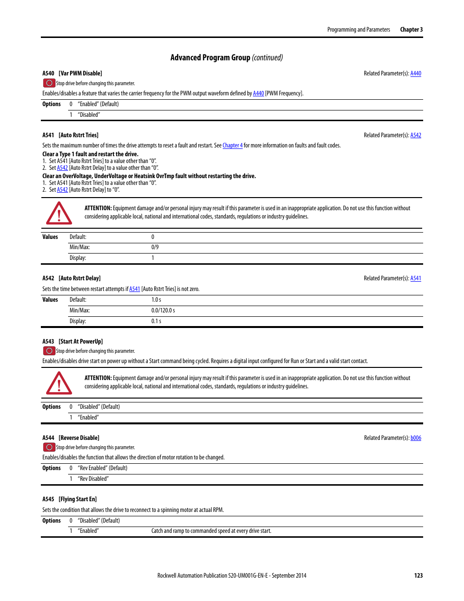 A544, A541, T in | Advanced program group (continued) | Rockwell Automation 25B PowerFlex 520-Series Adjustable Frequency AC Drive User Manual User Manual | Page 123 / 244