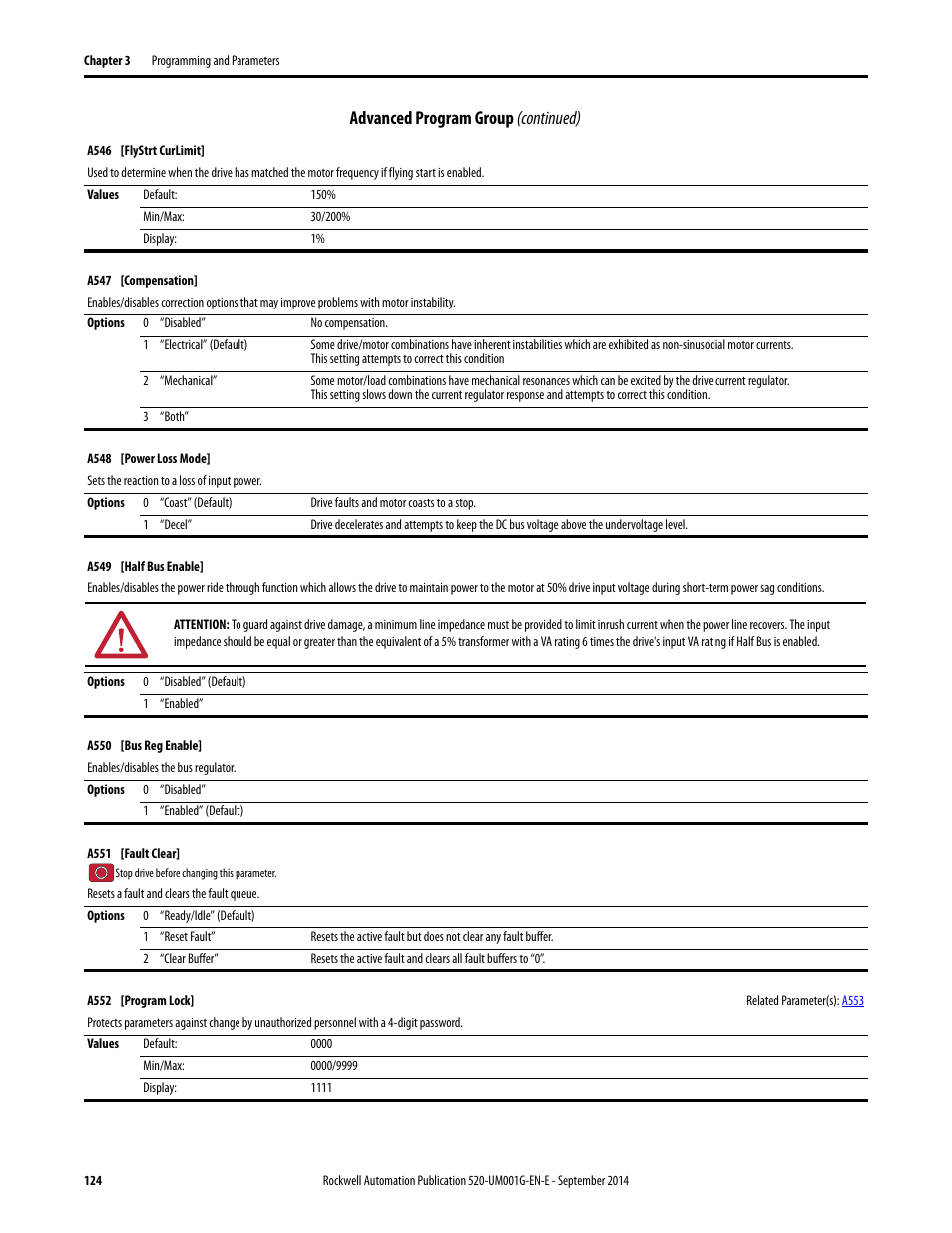 A550, Bus reg, Advanced program group (continued) | Rockwell Automation 25B PowerFlex 520-Series Adjustable Frequency AC Drive User Manual User Manual | Page 124 / 244